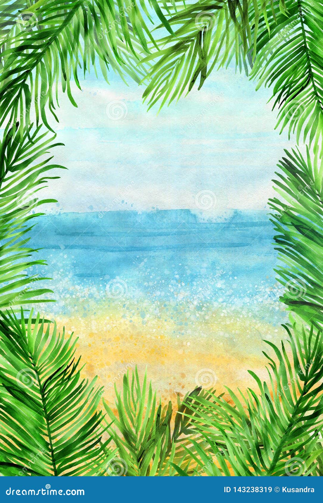 Watercolour Beach Background with Palm Leaves Frame Stock Illustration
