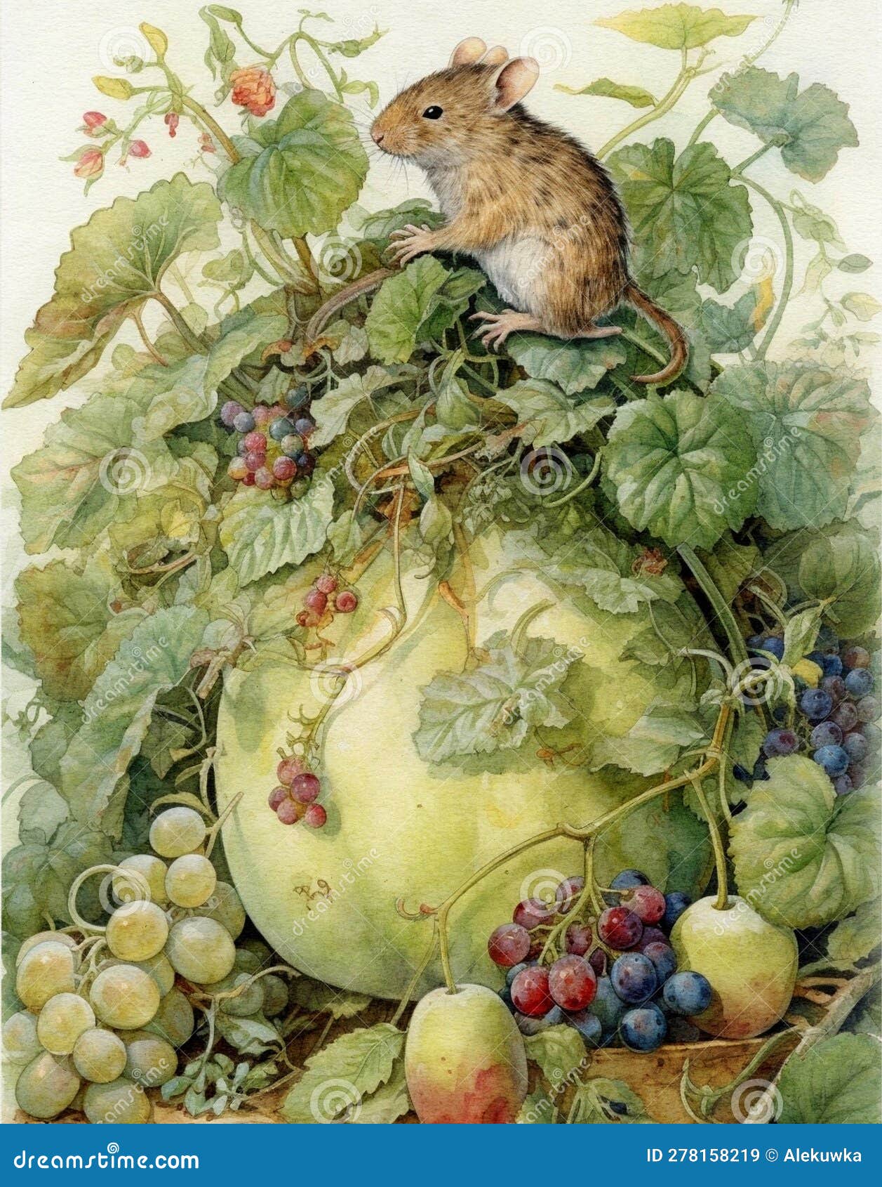 Watercolor Drawing of Rodents in the Garden, Mice Eat Vegetables in the