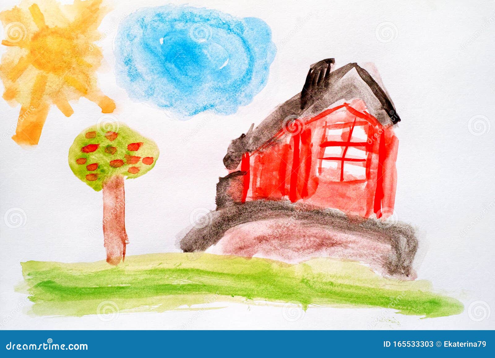 Watercolour Child Hand Drawing. House, Fruit Tree, Cloud ...