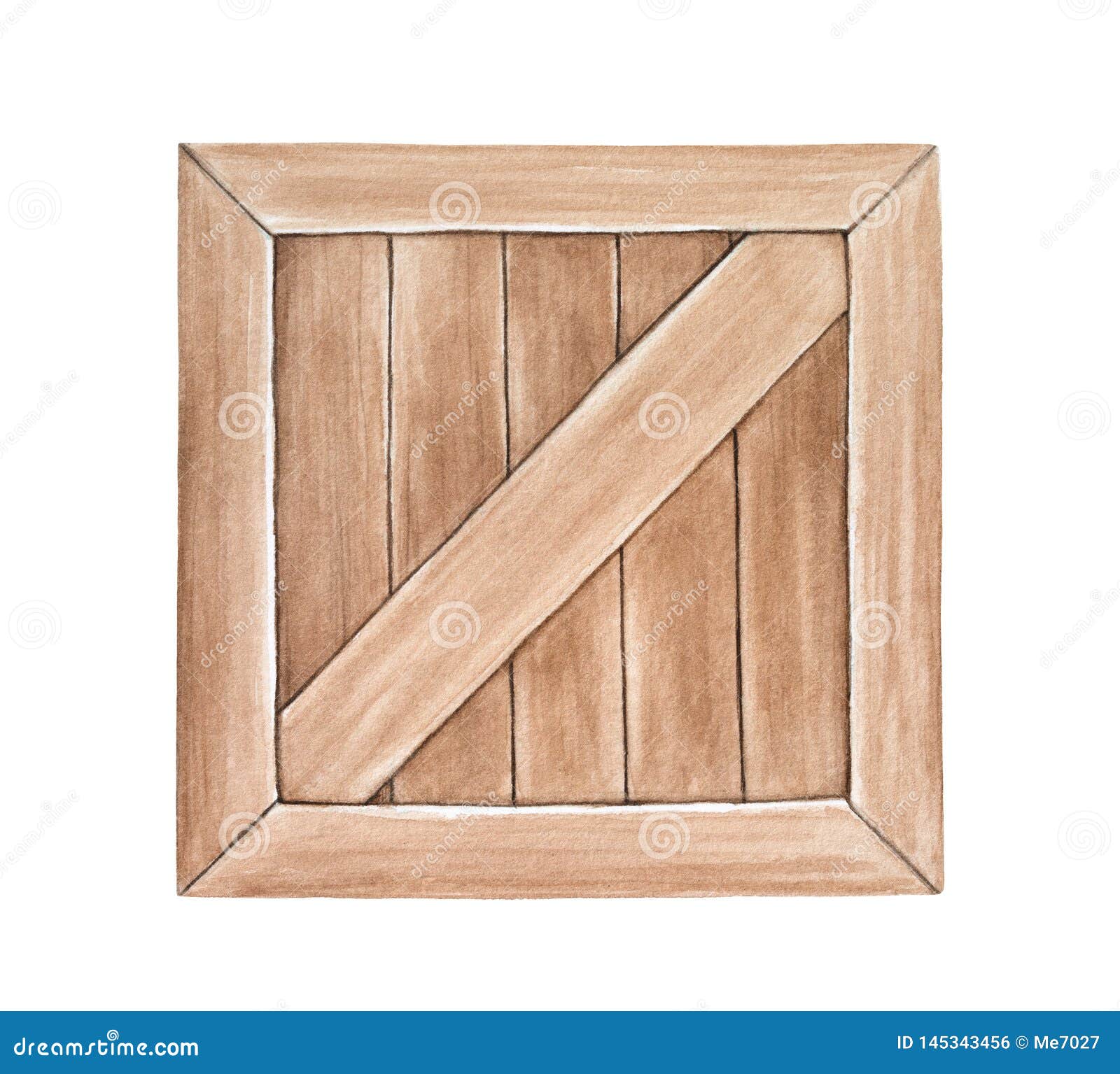 Watercolour Drawing Of Blank Wooden Crate. Stock Illustration