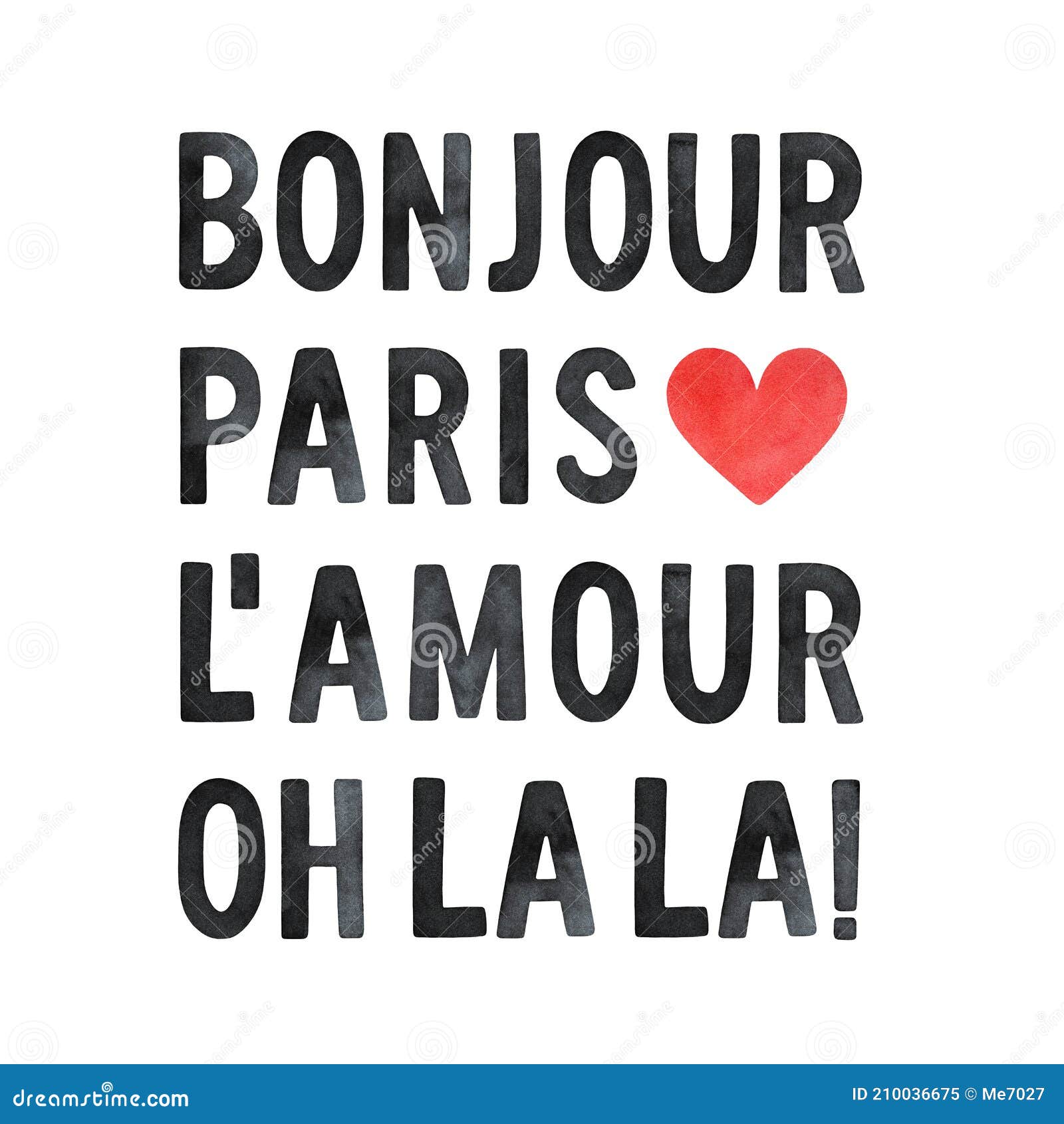 watercolour  set of popular french words: bonjour, paris, l`amour, oh la la.