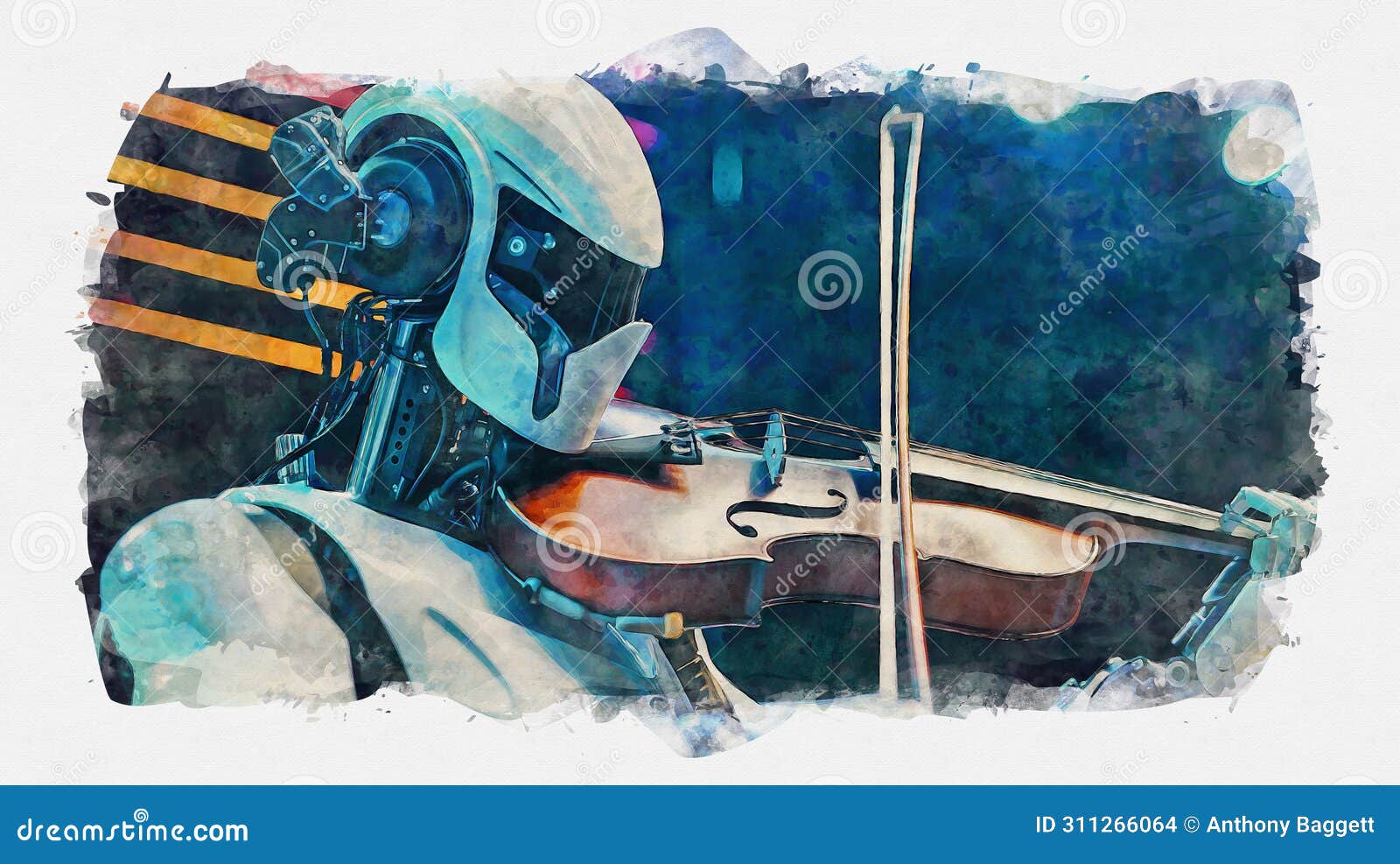 watercolour painting of an android robot playing a violin at an orchestral classical music concert