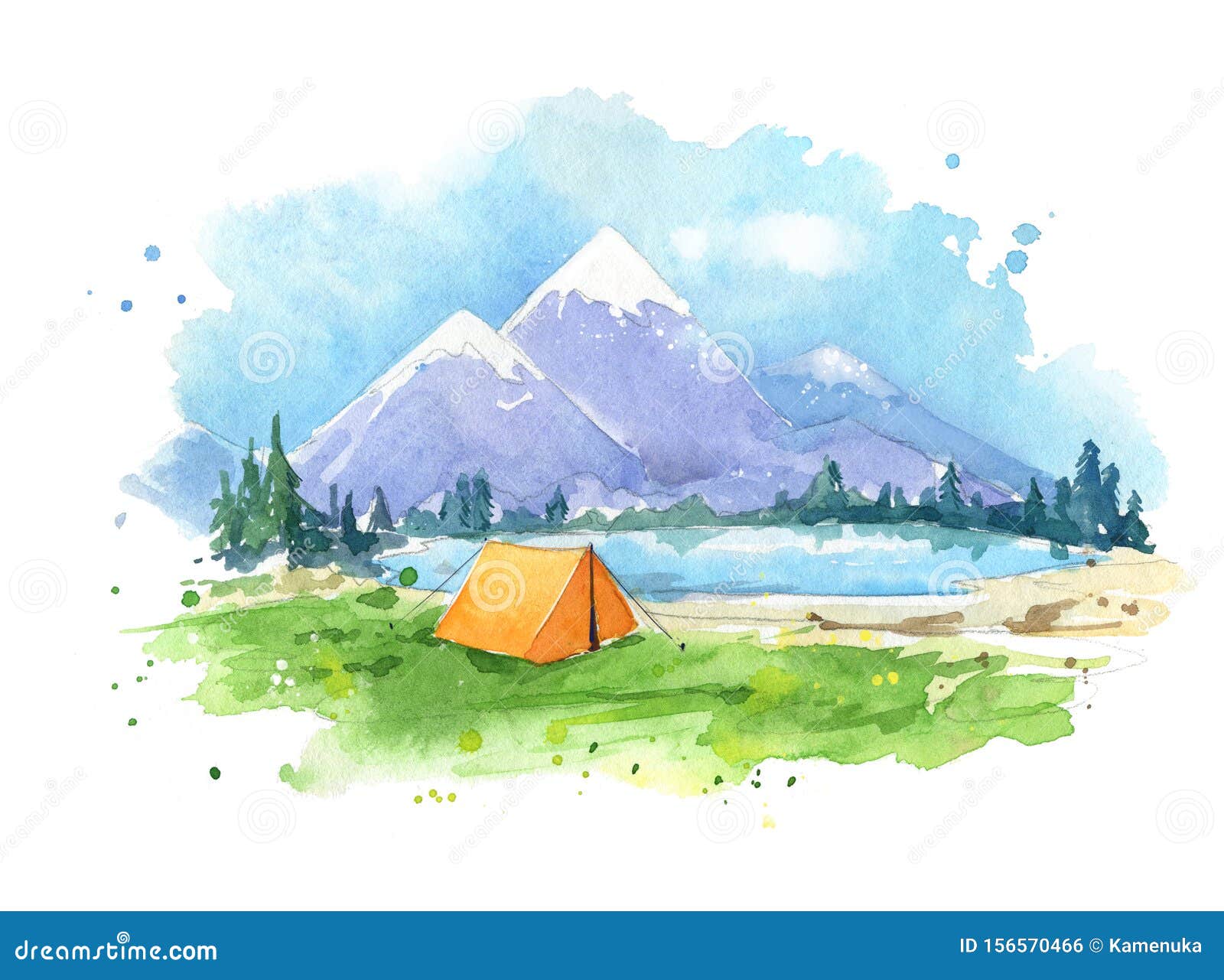 watercolour painting , camping by the lake