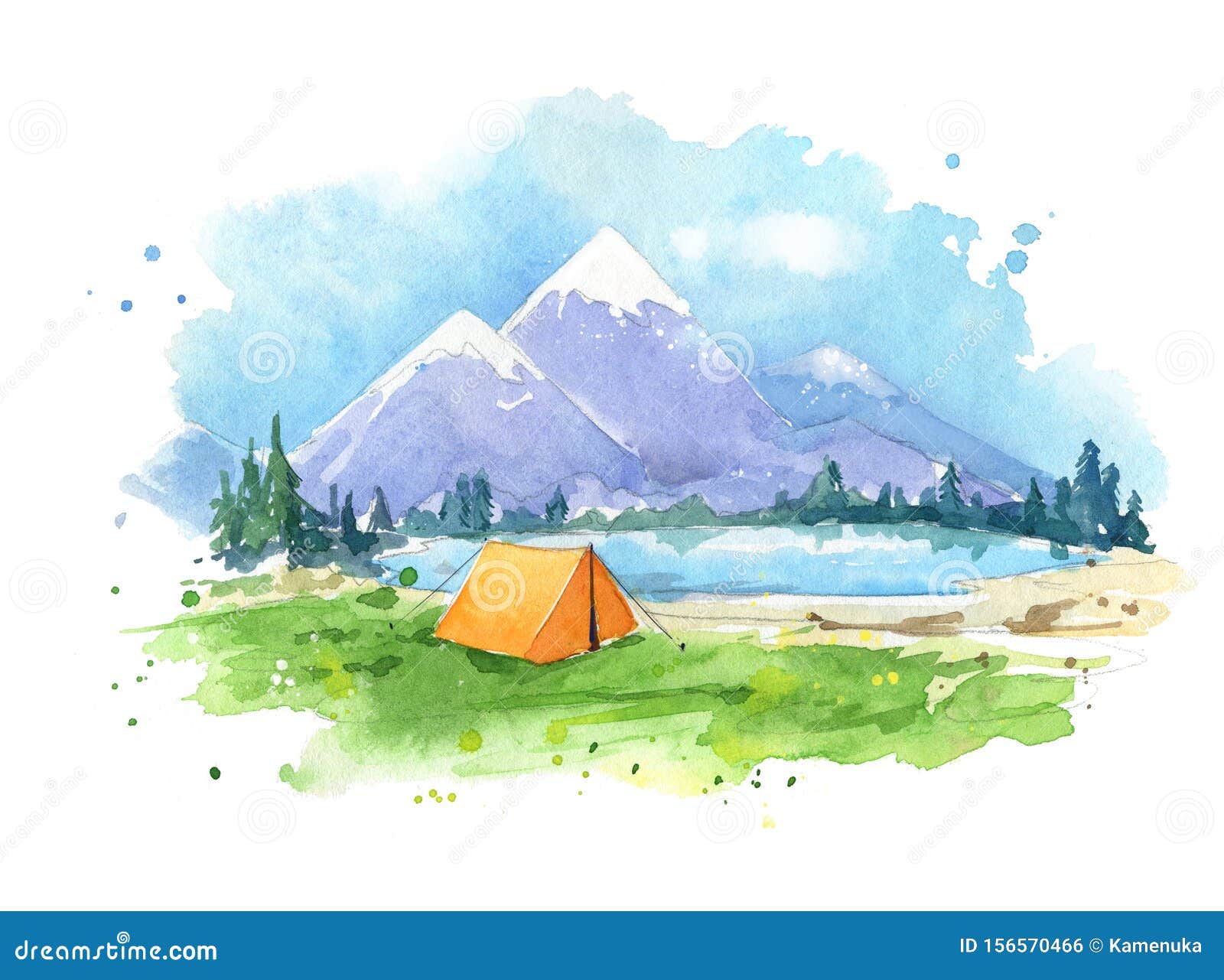 Watercolour Painting , Camping by the Lake Stock Illustration ...