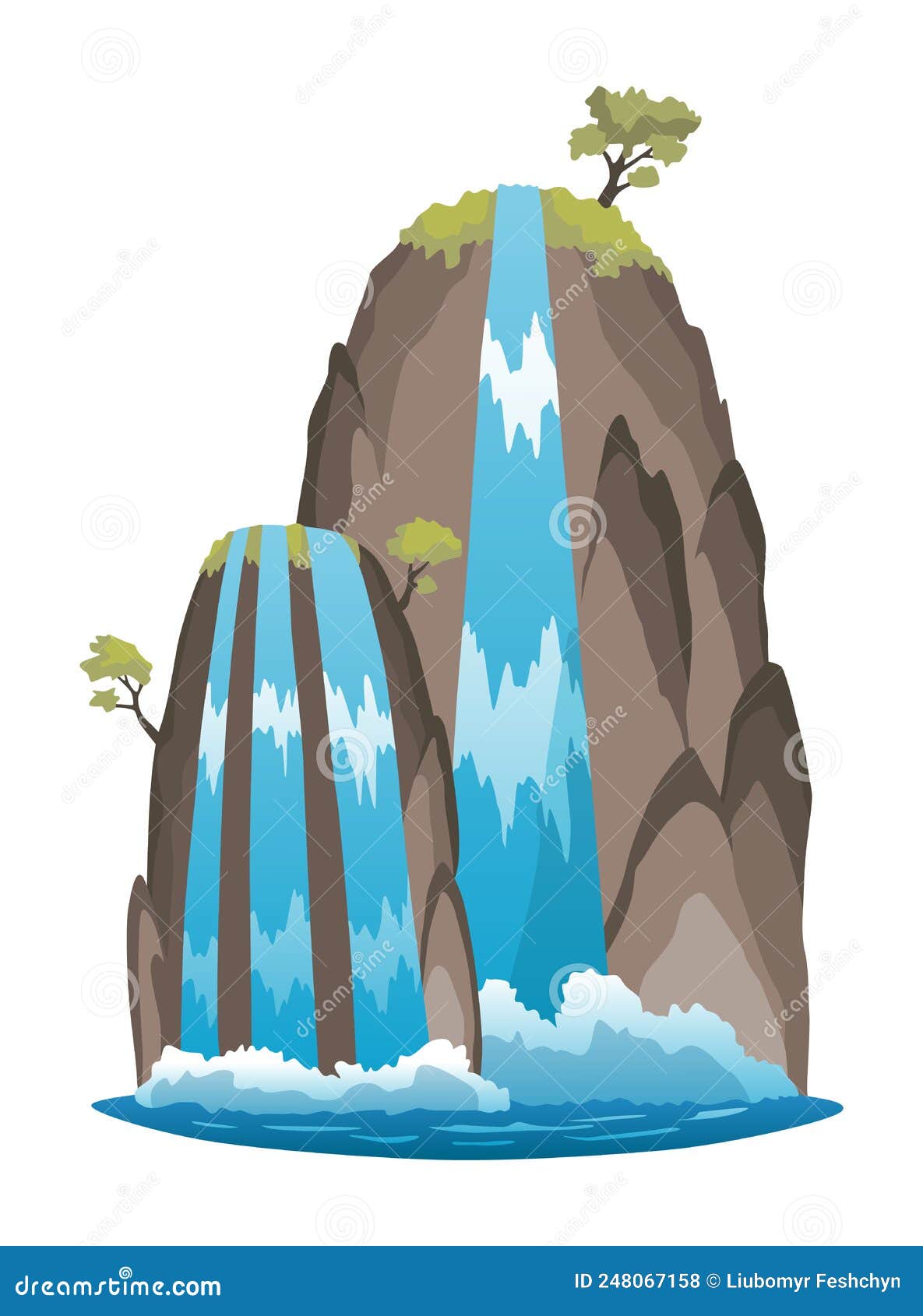 Waterfall. Cartoon Landscape with Rock Mountains and Trees. River Fall ...