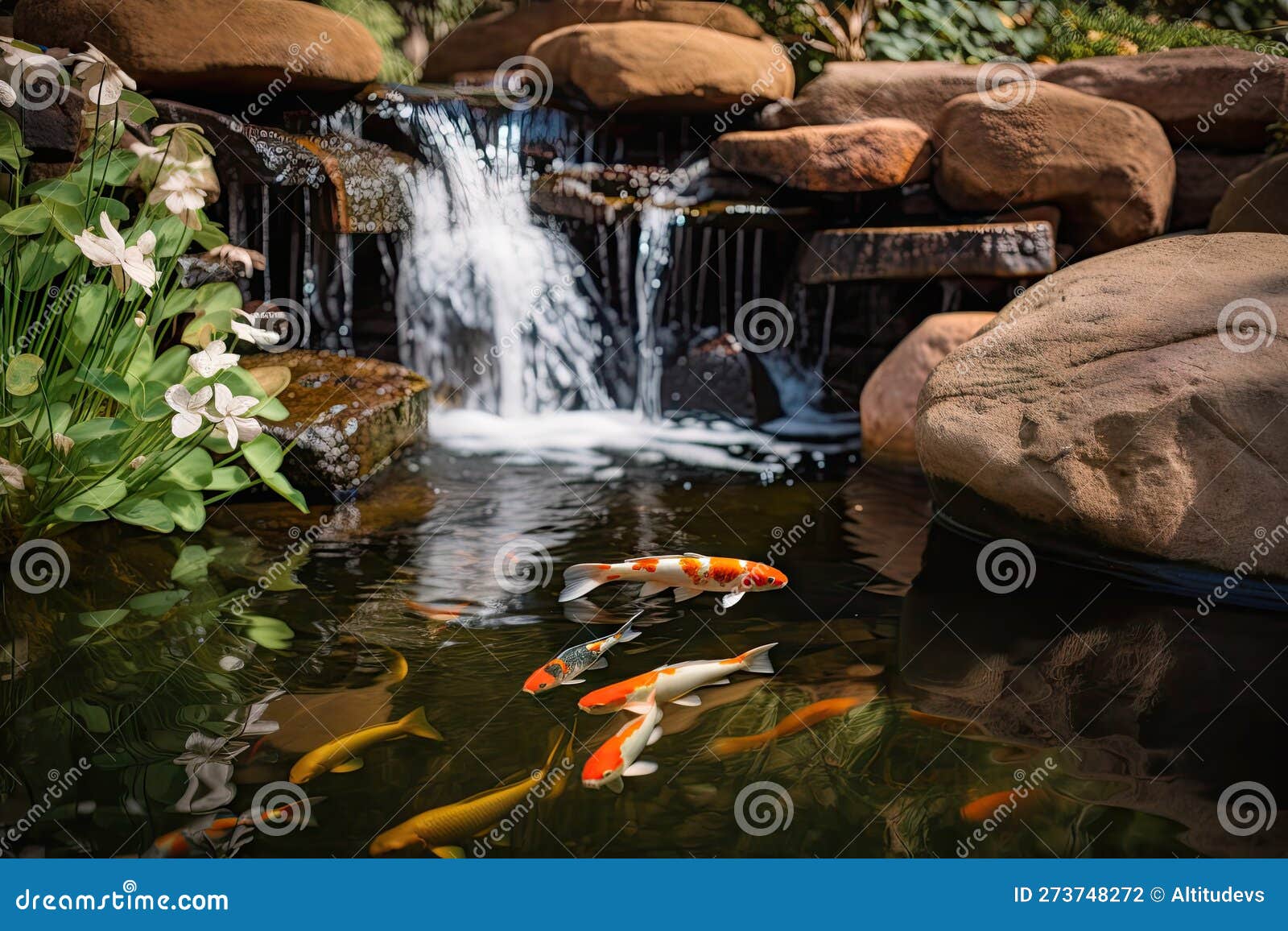 Waterfall Cascading into Backyard Pond with Koi Fish Visible Stock