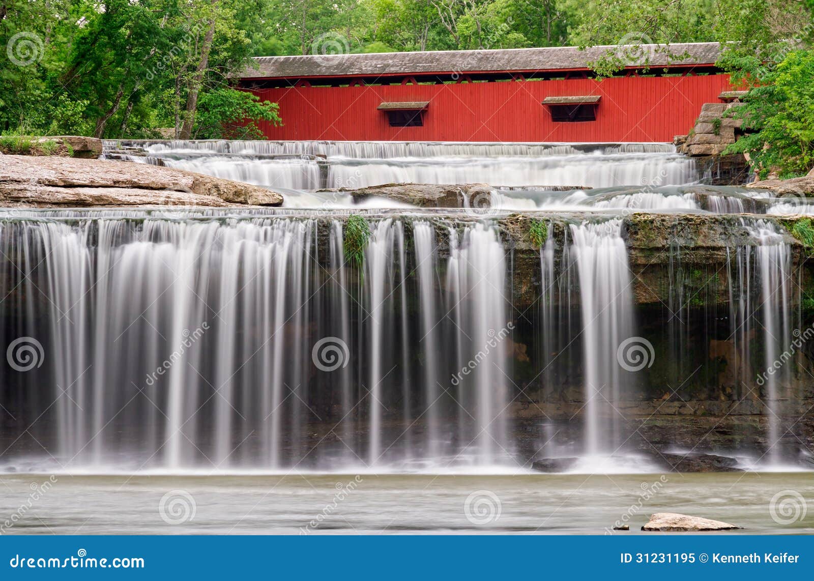 waterfall and covered bridge