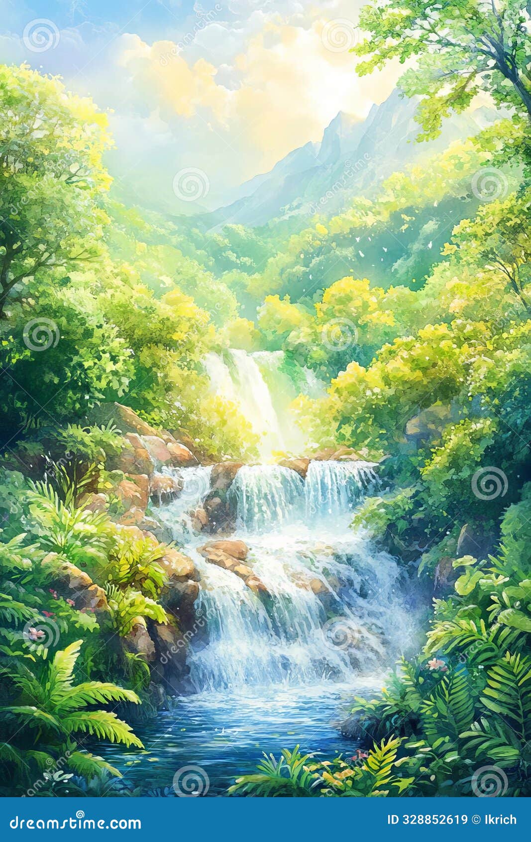 waterfall in forest, cascading water, lush ferns, refreshing atmosphere, watercolor style