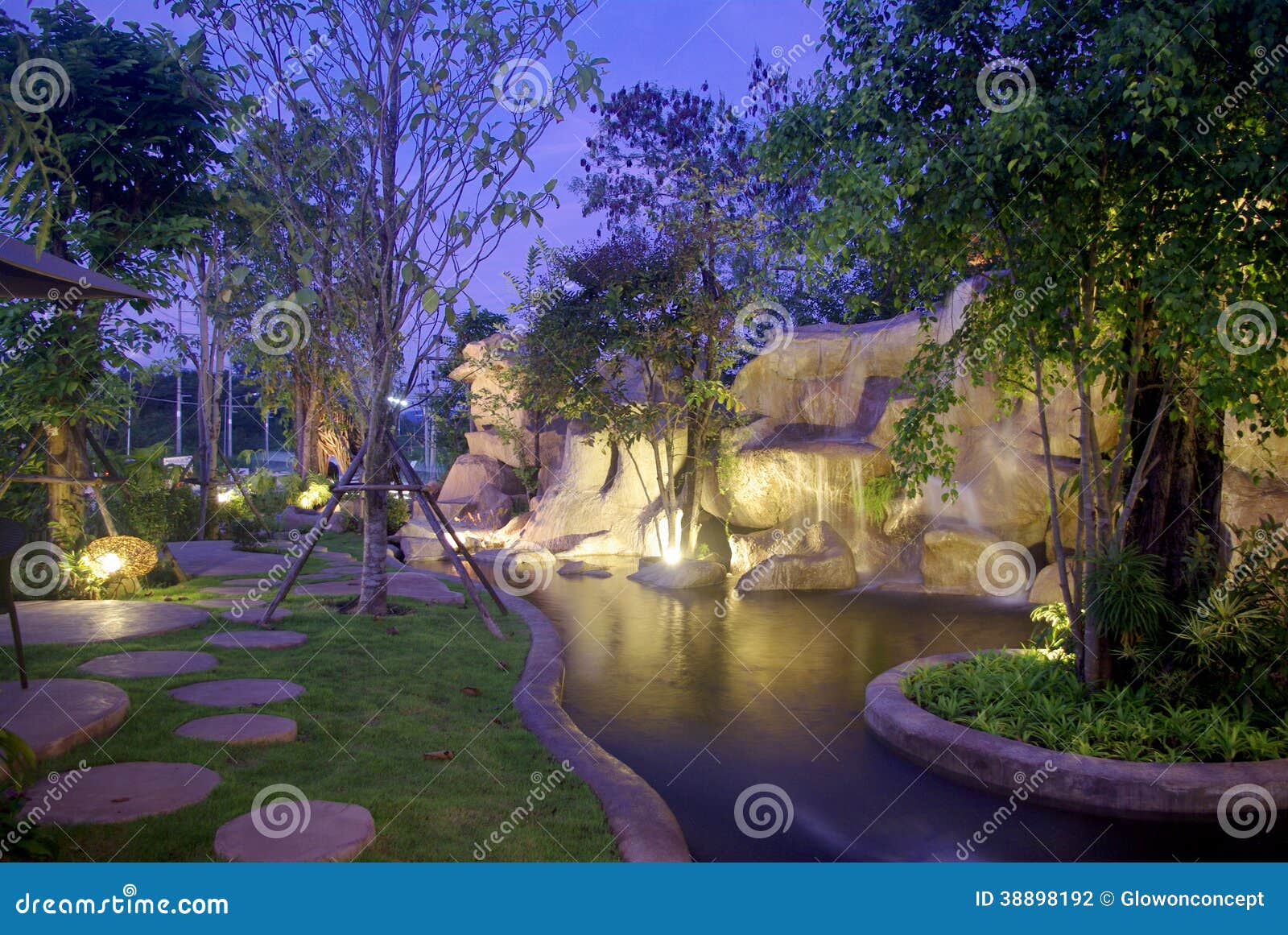 Waterfall in the Garden at Night Stock Photo Image of pond, lights