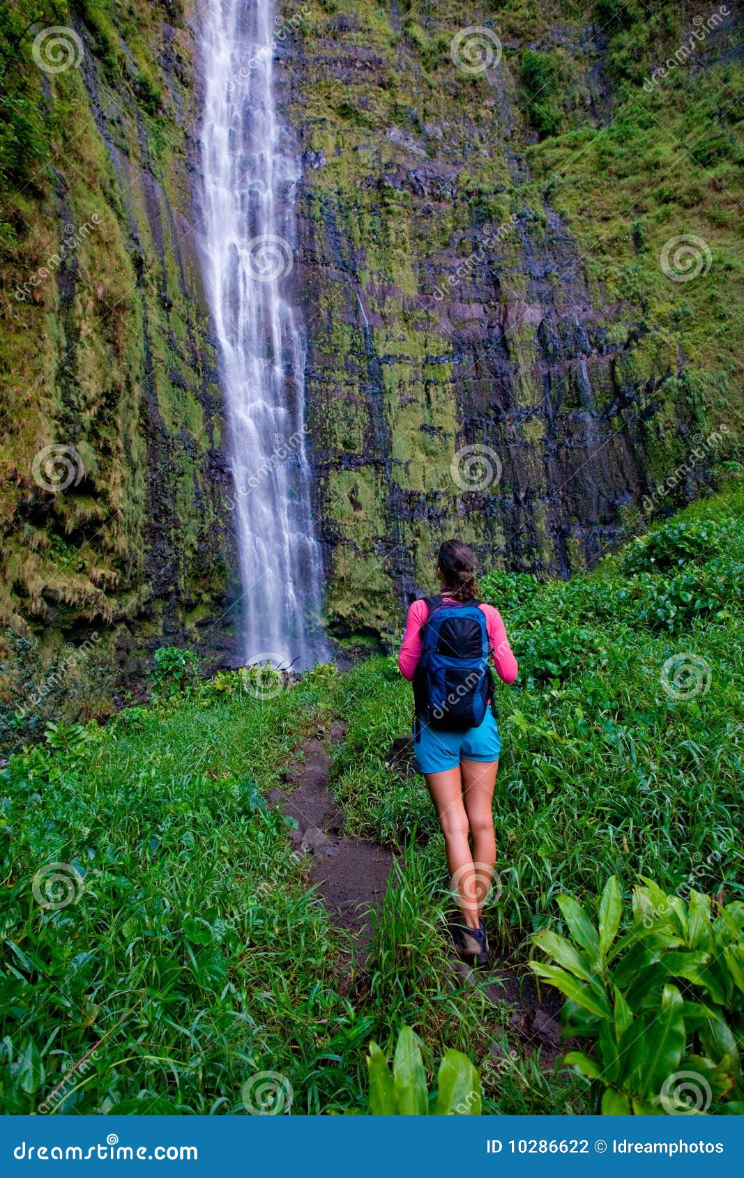 Waterfall Hike Person Backpack Paradise Stock Photo 