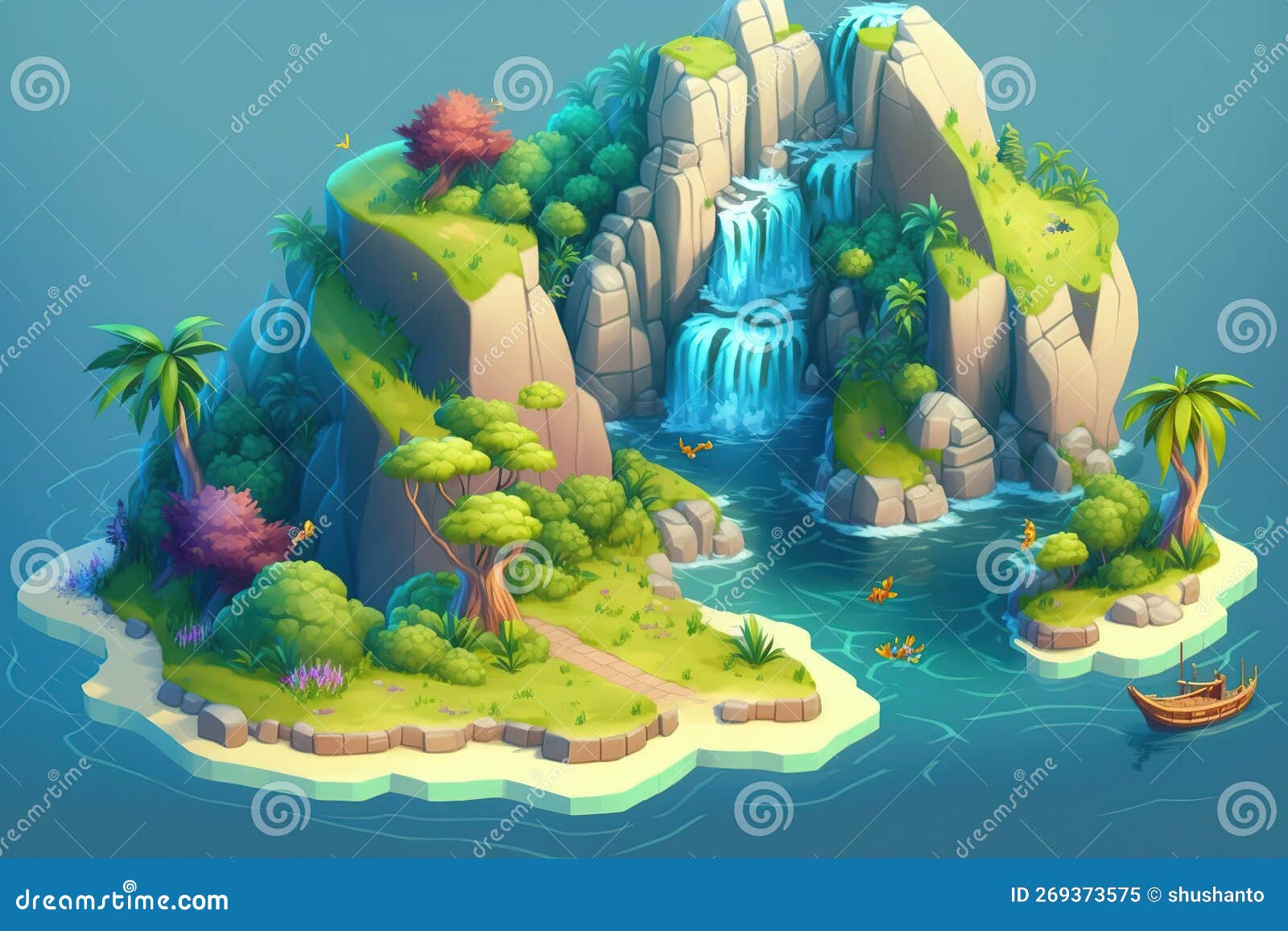 Waterfall Island Game Environment Concept Stock Illustration