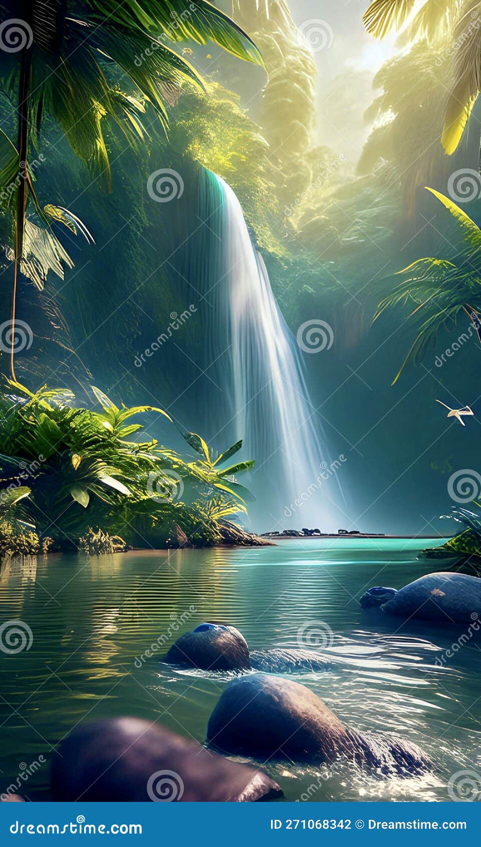 Waterfall in jungle stock illustration. Illustration of fantastic