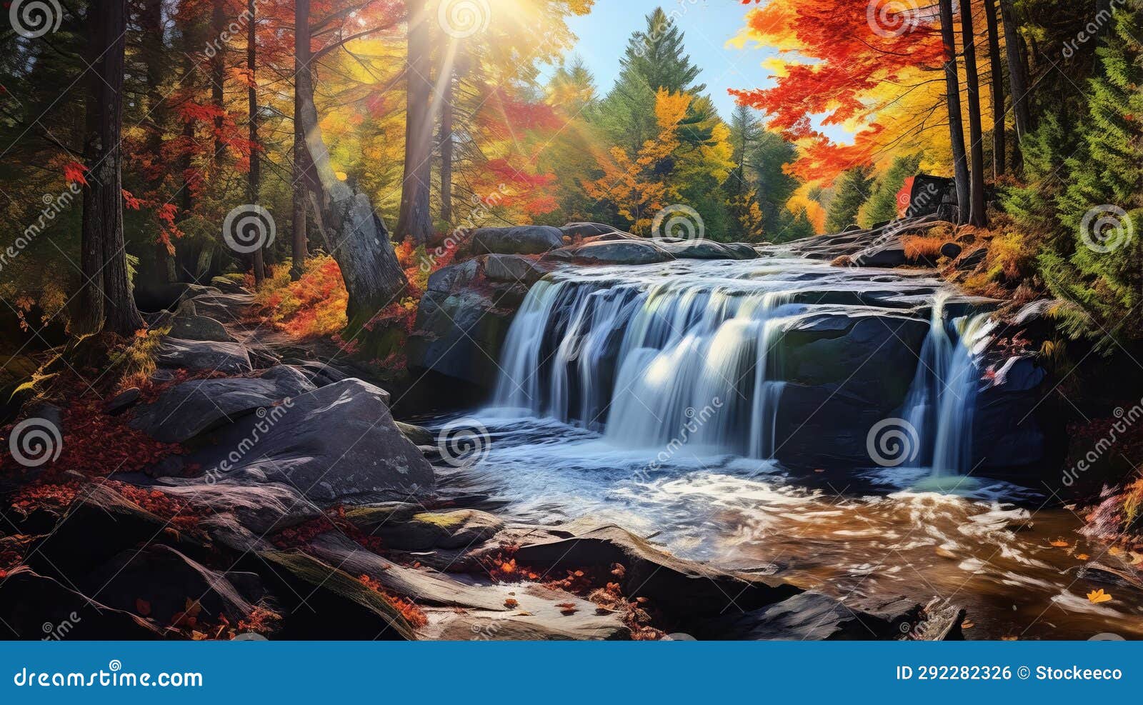 sunny fall day: autumn forest waterfall art 