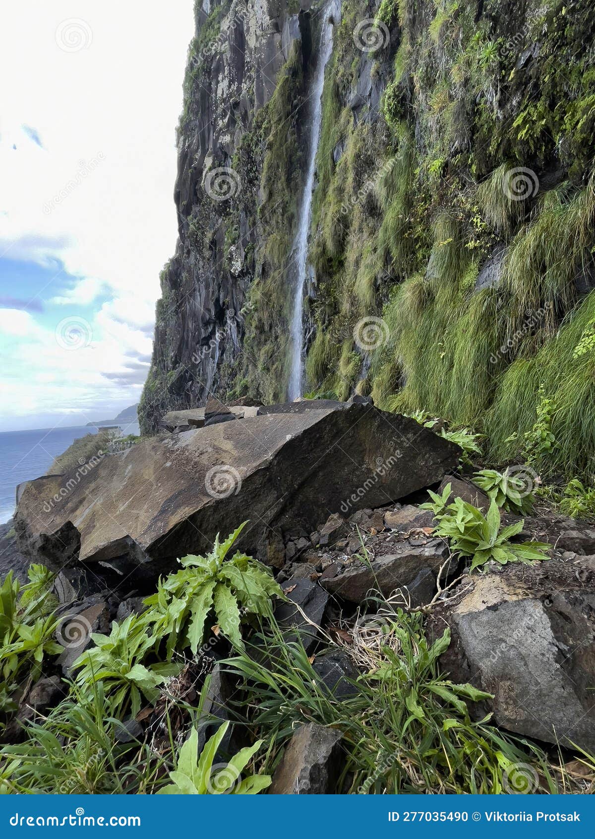 Waterfall at Miradouro Do Veu Da Noiva on the Madeira Stock Photo