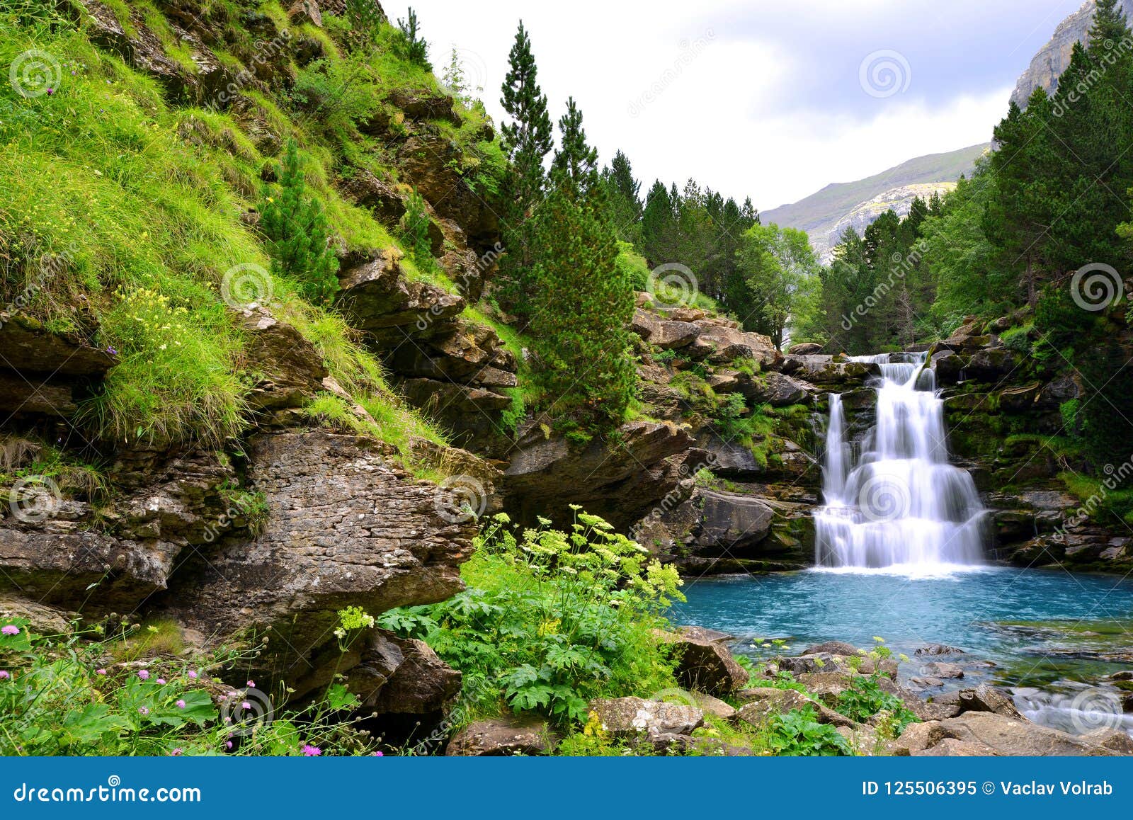 waterfall in ordesa and monte perdido national park. pyrenees mountain.spain.