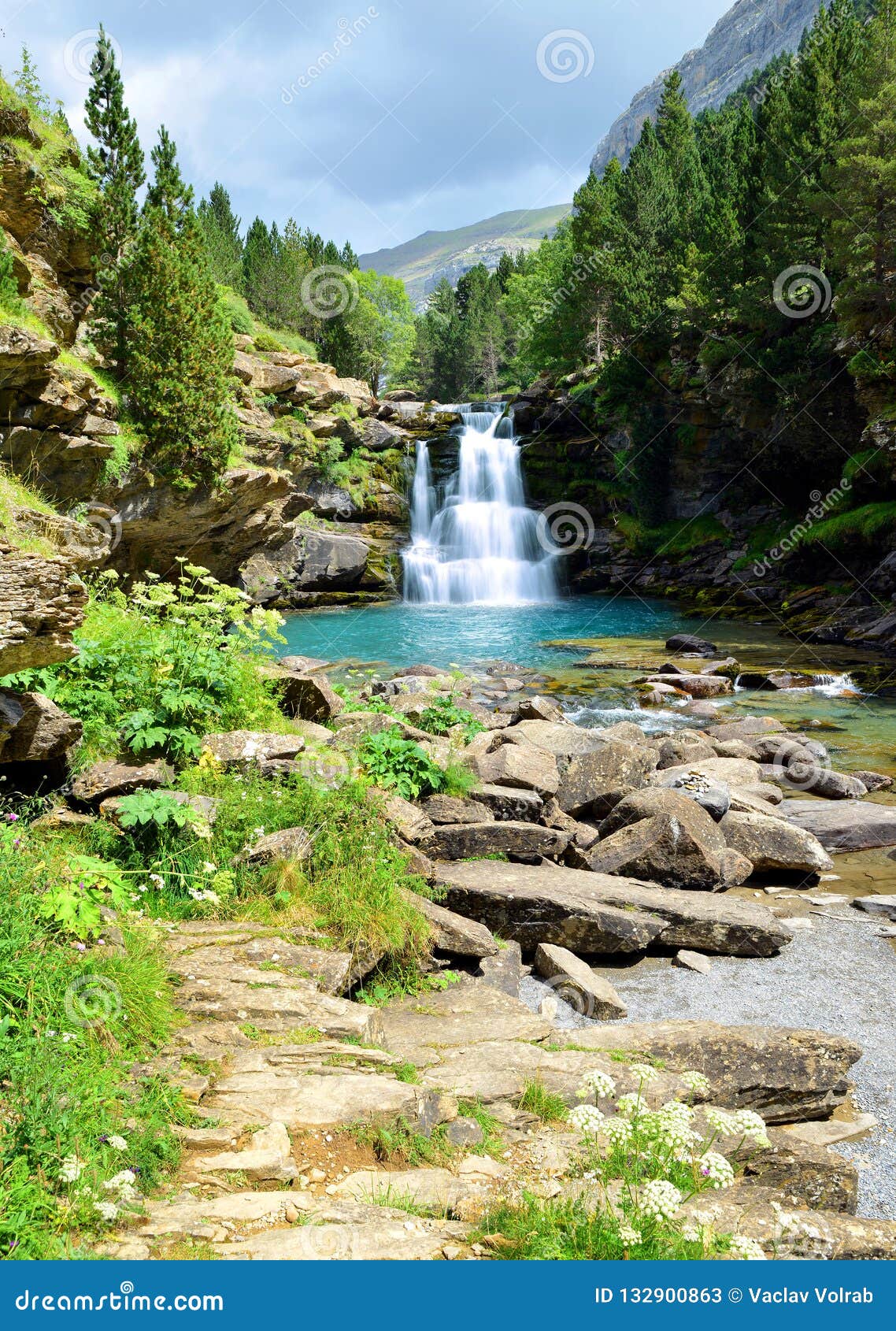 waterfall in ordesa and monte perdido national park. pyrenees mountain.spain.