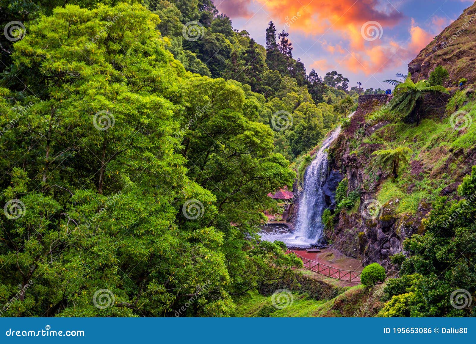 waterfall at  parque natural da ribeira dos caldeiroes, sao miguel, azores, portugal. beautiful waterfall surrounded with