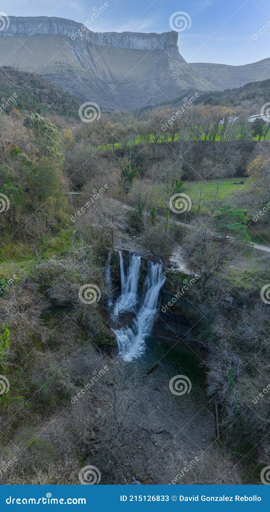 waterfall of penaladros in cozuela aerial view, burgos, spain