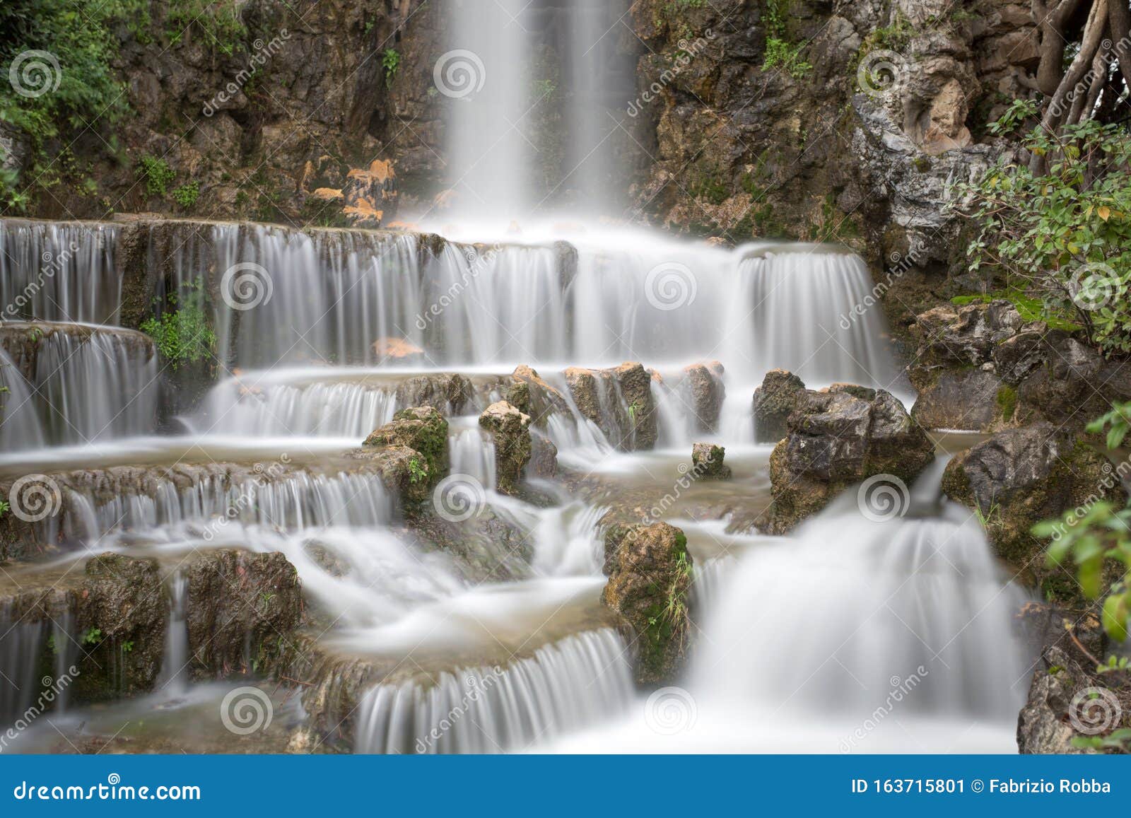 waterfall in villetta di negro park in the city of genoa, italy
