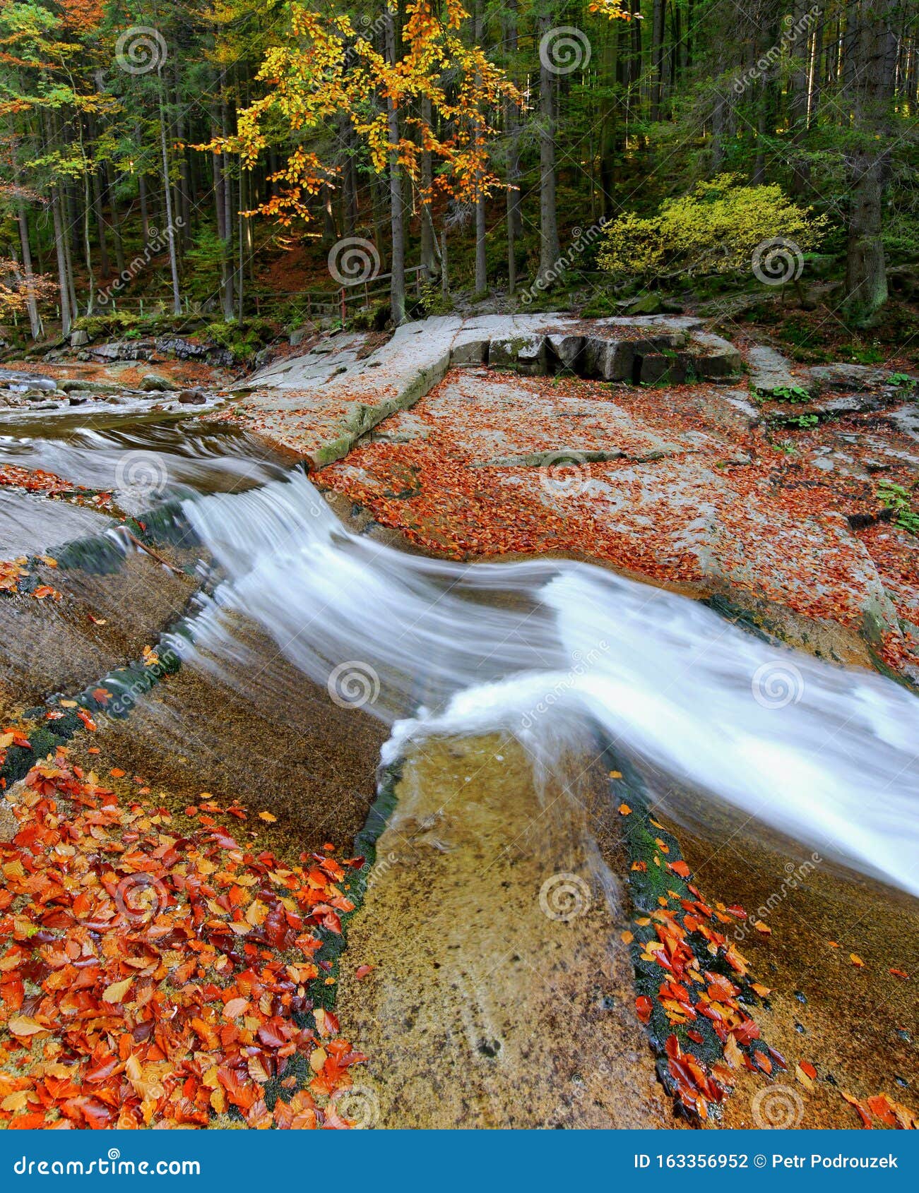 Waterfalls Cascade In Autumn Forest Beautiful Colors Of Nature Stock