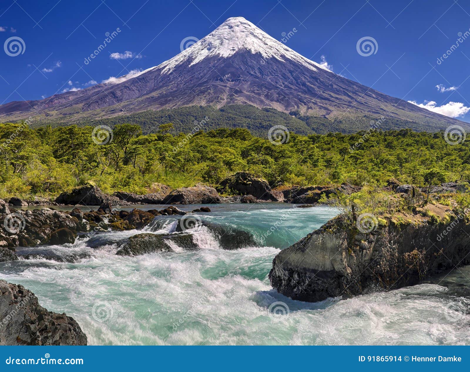 waterfalls in front of volcano osorno chile