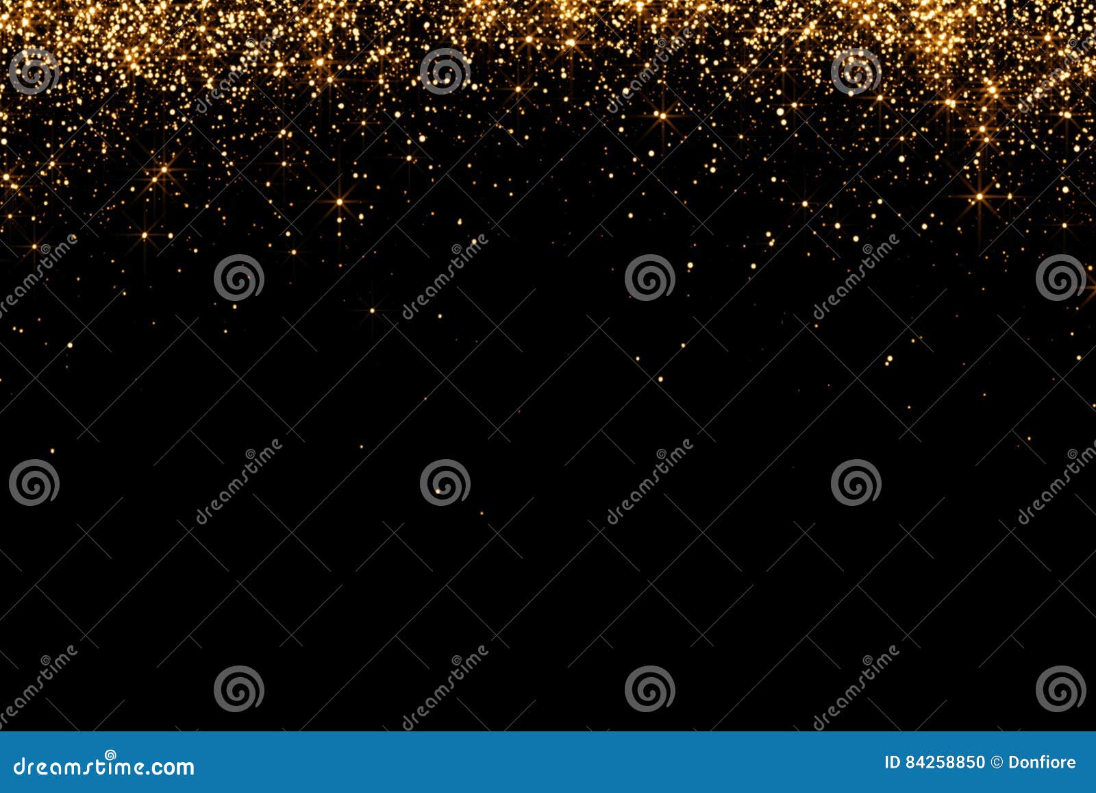 waterfalls of golden glitter sparkle bubbles champagne particles stars on black background, happy new year holiday