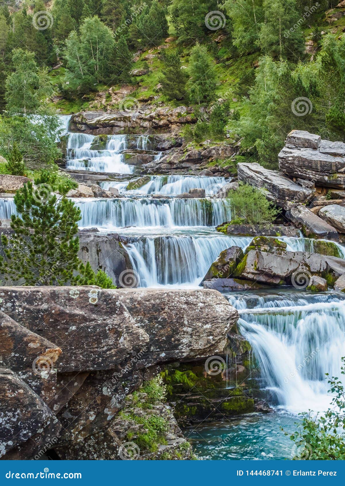 waterfalls in ordesa and monte perdido national park in pyrenees range in spain, huesca, gradas soaso vertical