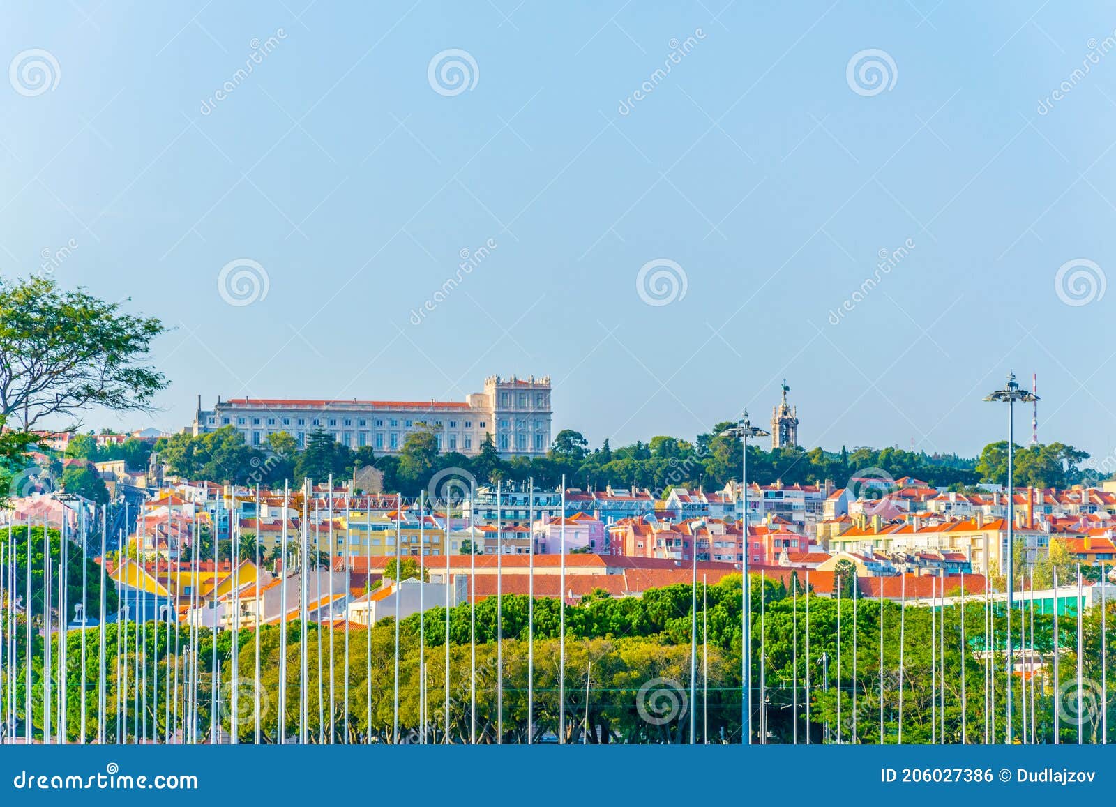 waterfront of river tajo in lisbon with palacio national de ayuda, portugal