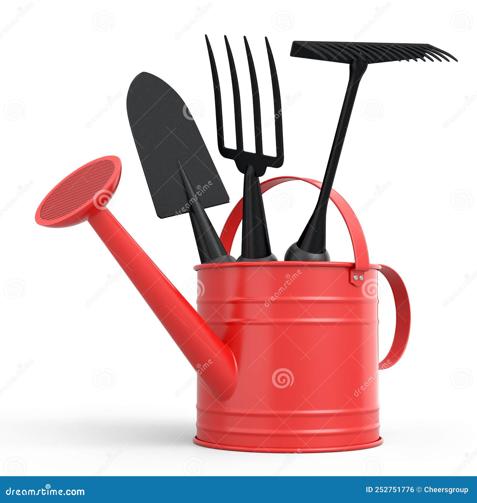Watering Can with Garden Tools Like Shovel, Rake and Fork on White ...