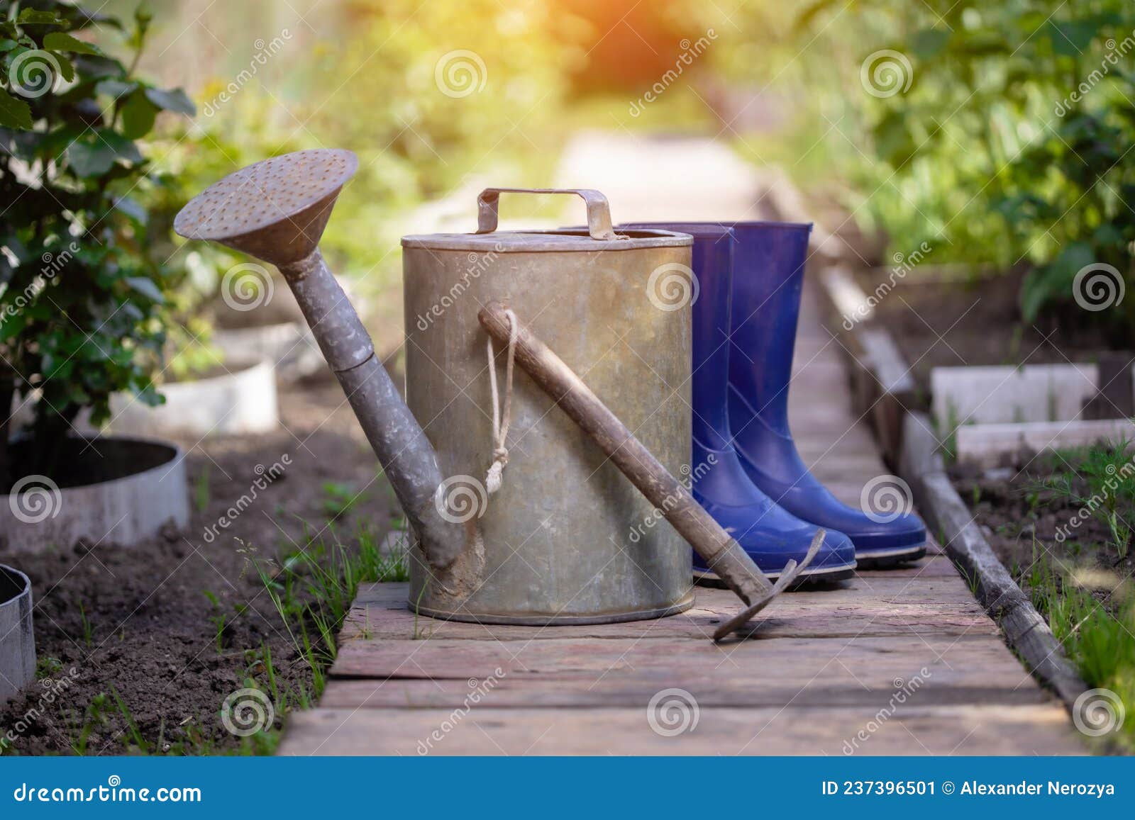 Watering Can, Rubber Boots and Ripper after Gardening Stock Image