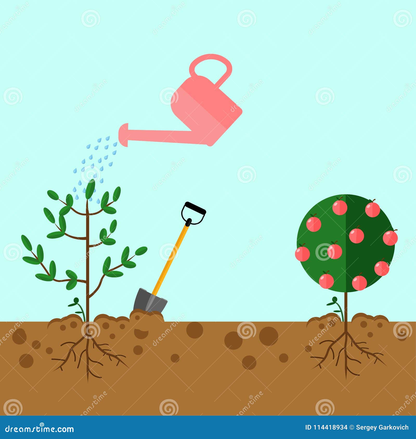 Watering Can Sprays Water Drops. New Plant, Sprout, Sapling with Shovel ...