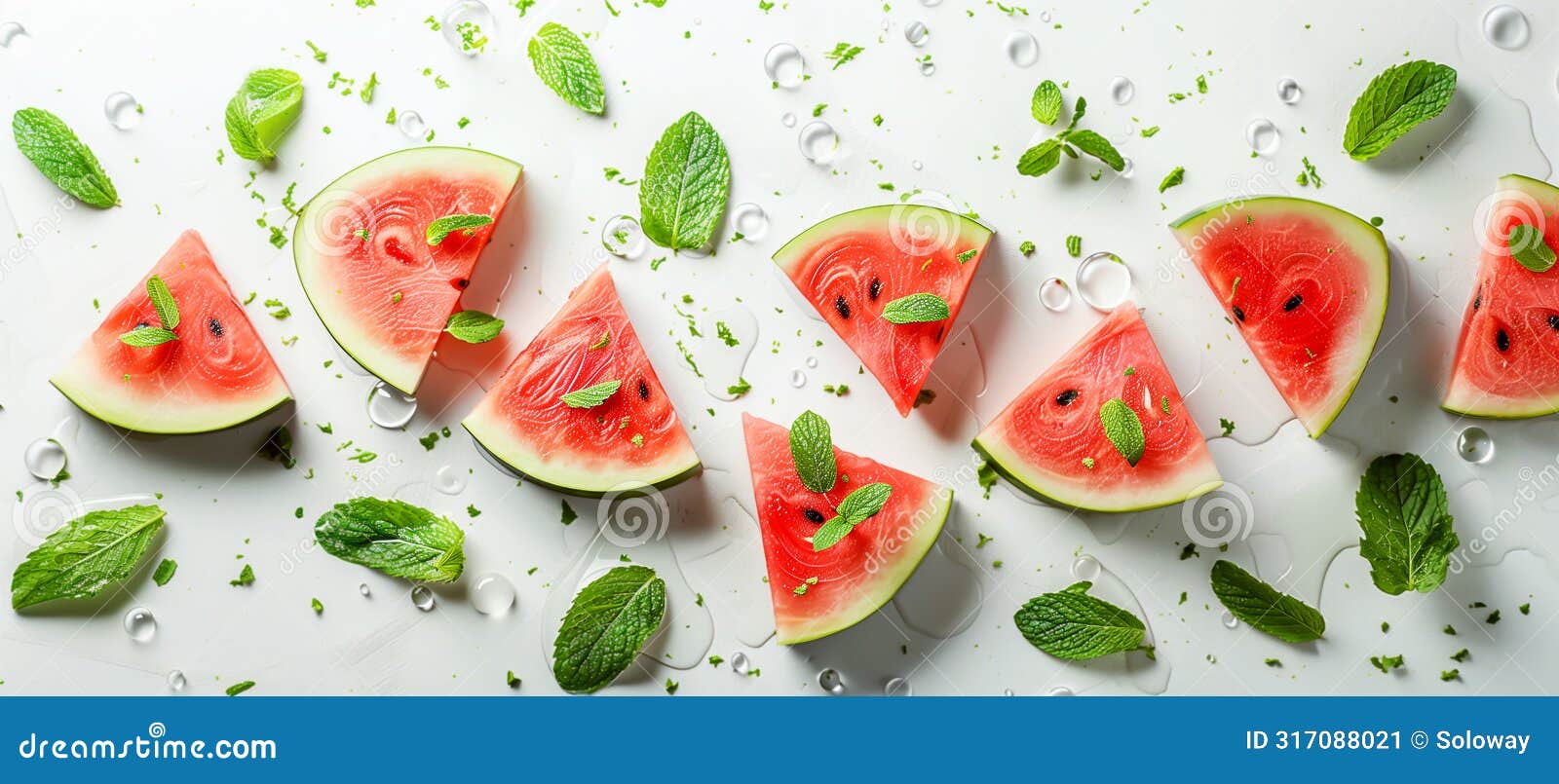 watermelon bliss! luscious pink slices drizzled with mint on a calming blue canvas. a burst of summer flavor for any occasion.