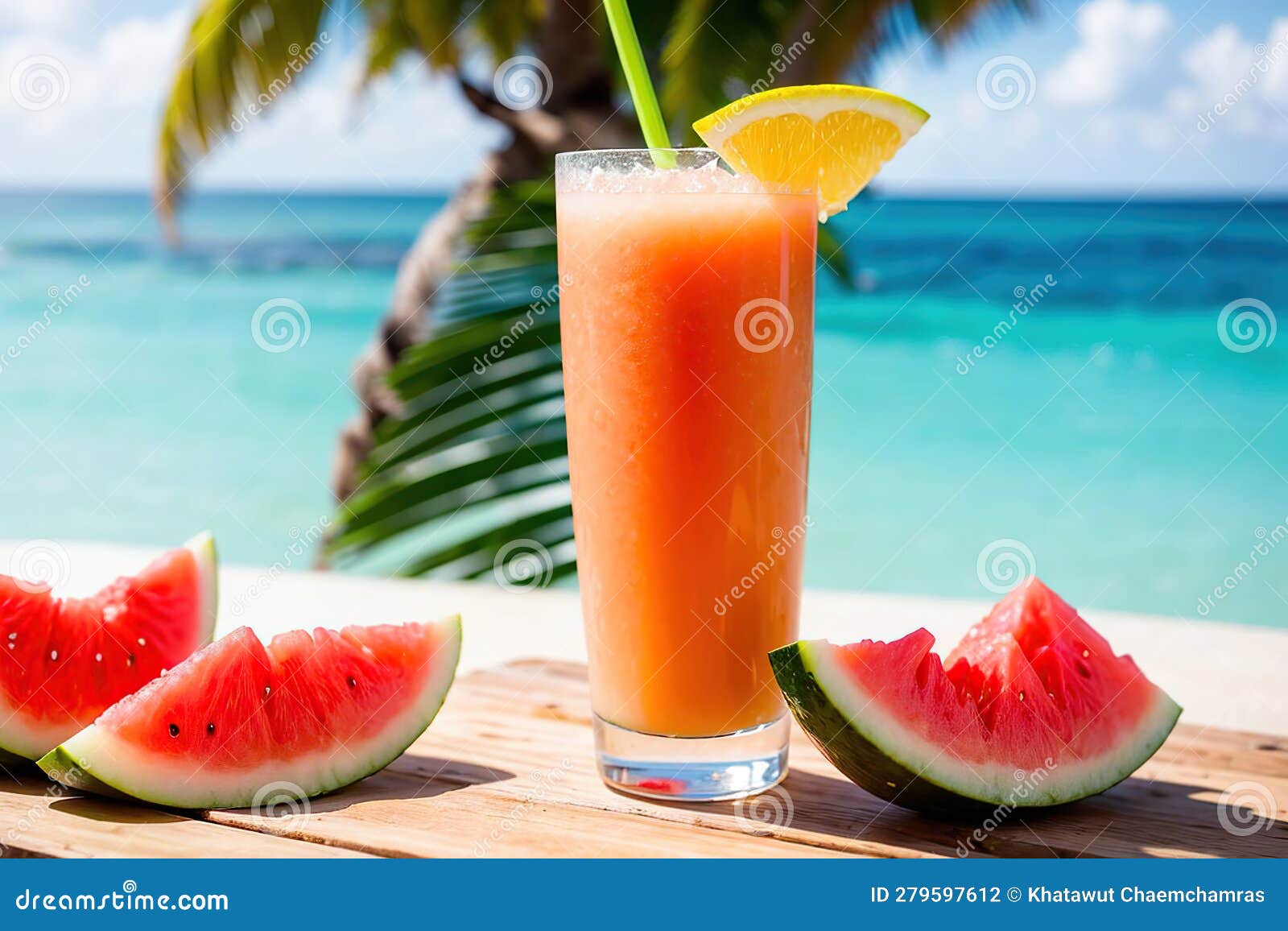 Watermelon Cocktail Fruit Juice at Summer Beach Stock Illustration