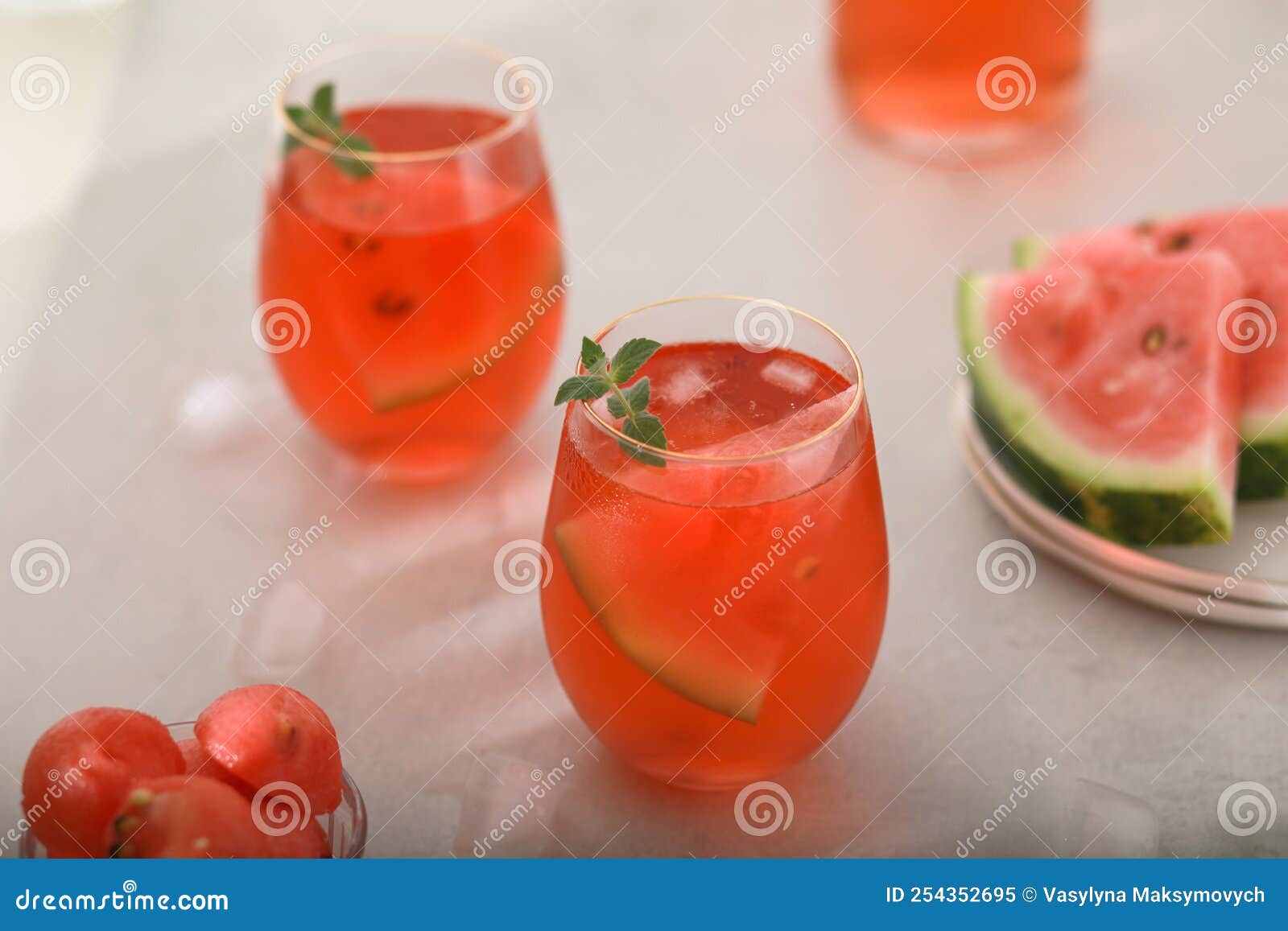 Watermelon Cocktail with Lemon and Mint. Refreshing Lemonade Close Up