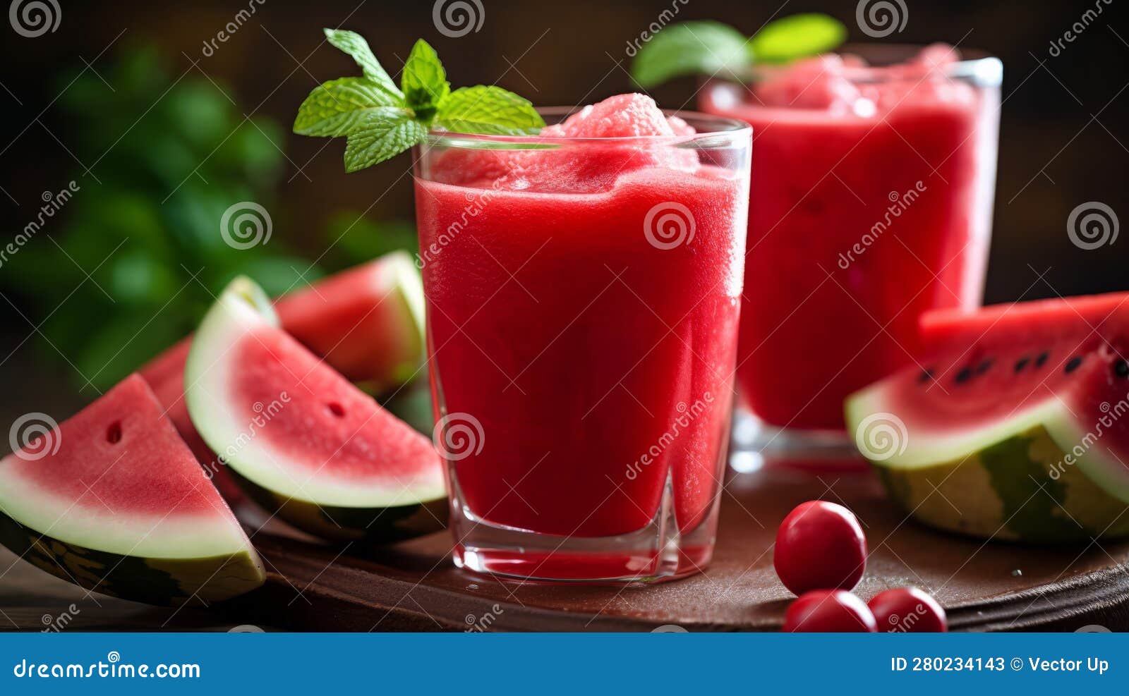 Watermelon Drink in Glasses with Slices of Watermelon. Generative AI