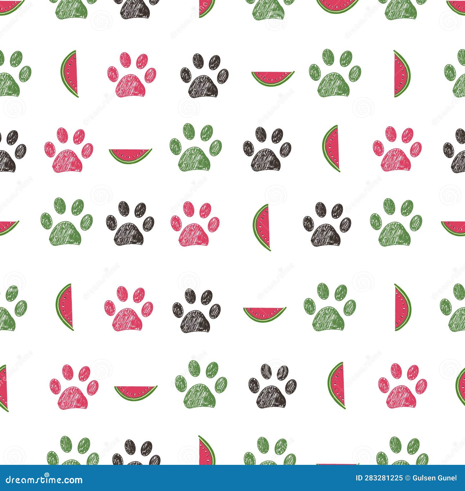 Watermelon and Paw Prints Seamless Fabric Pattern Stock Vector