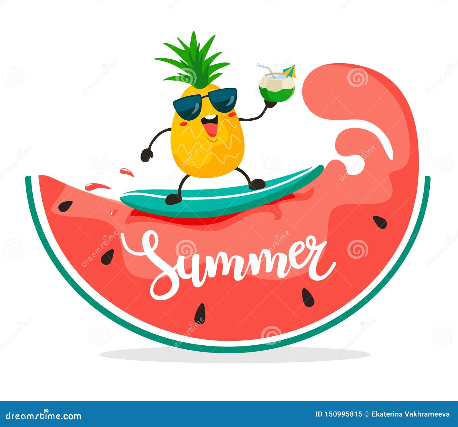 Funny Surfer Pineapple Rides on Watermelon Waves. Summer Illustration