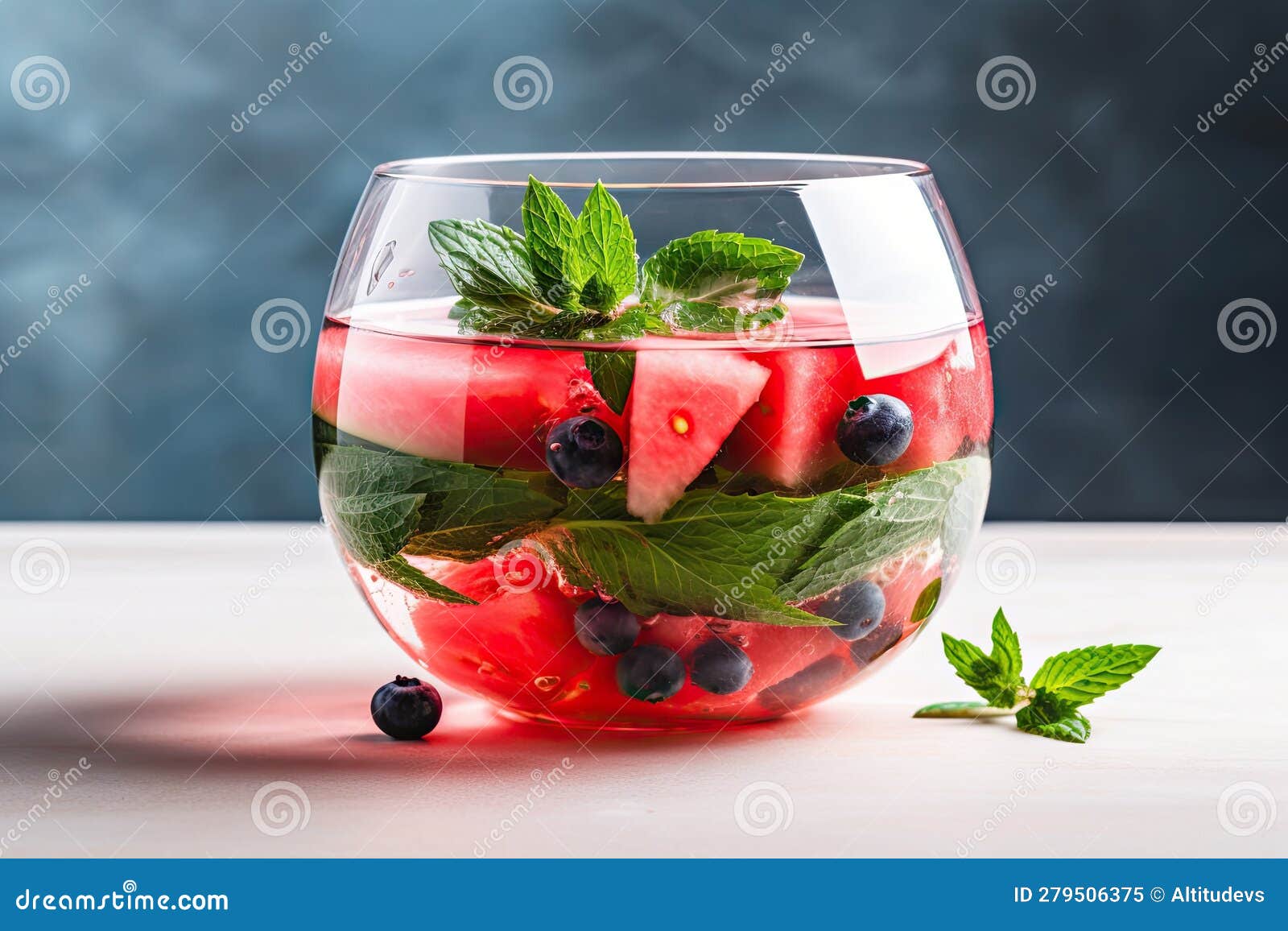 Watermelon Slice in Fruitinfused Water with Floating Mint Leaves Stock