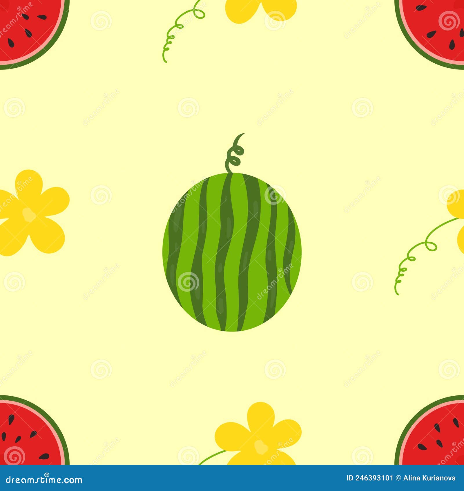 Watermelon Slice and Watermelon Flower Seamless Pattern. Summer Fruit