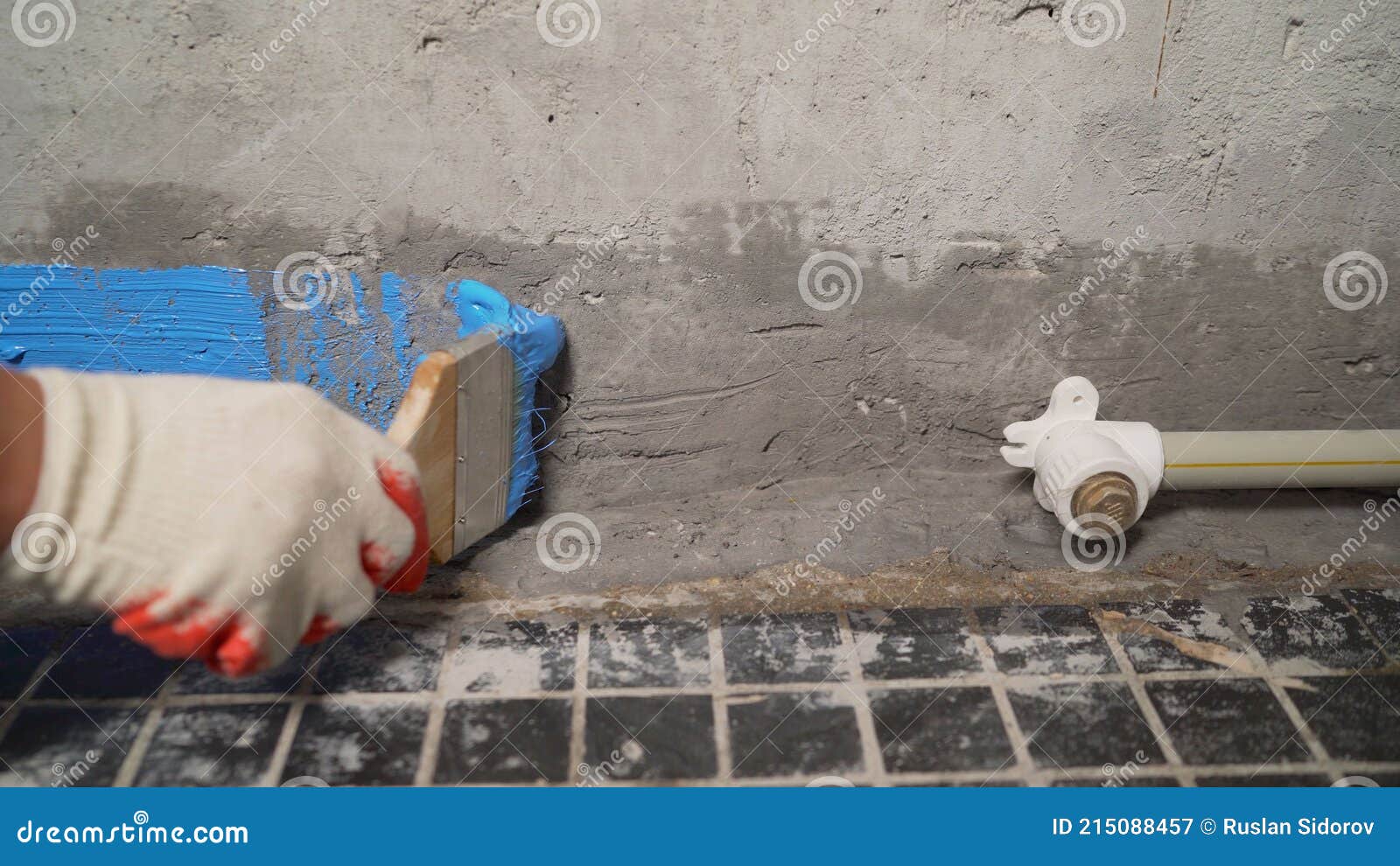 Waterproofing Paint. Floor Waterproofing. Applying Blue Waterproofing