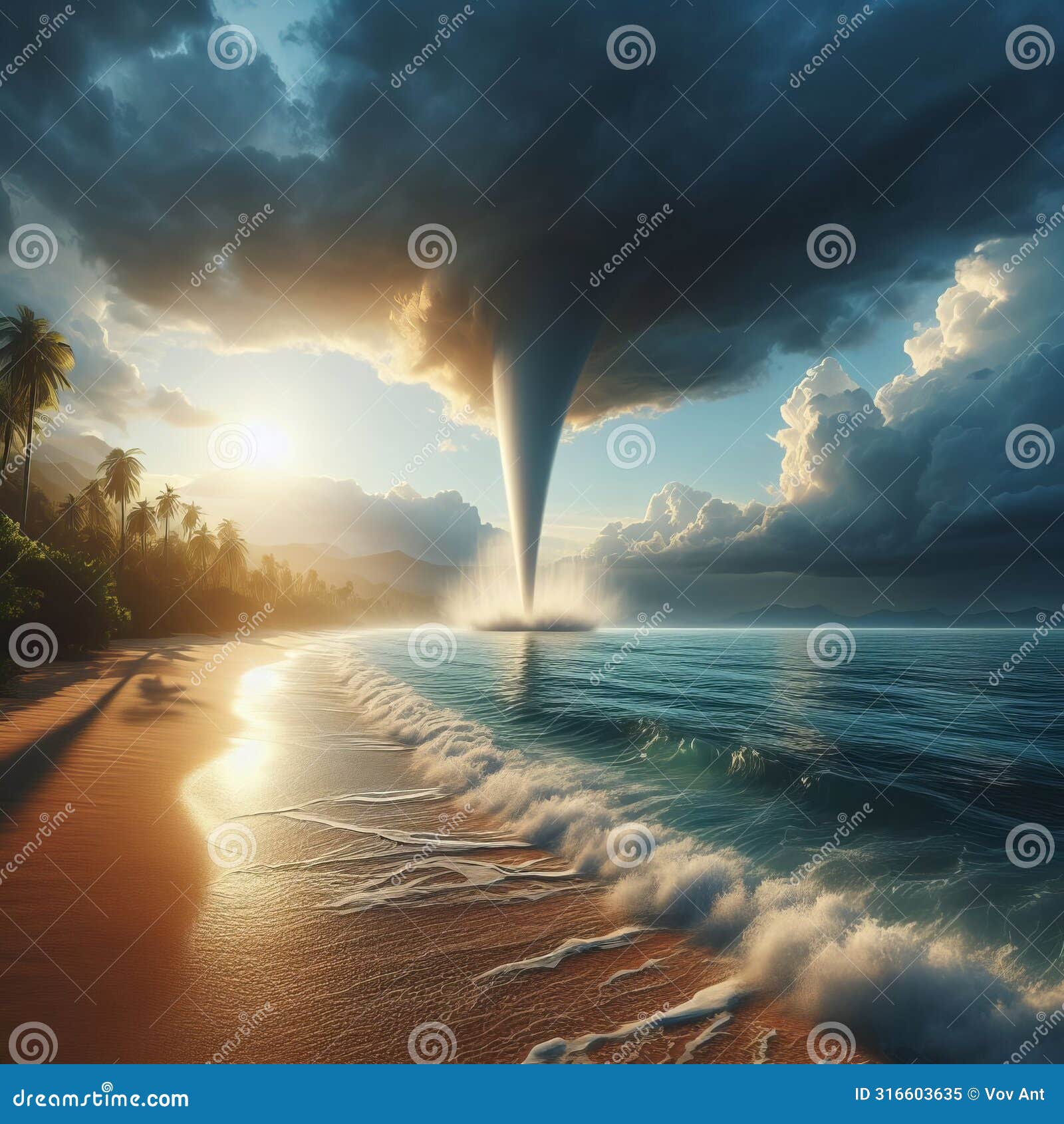 a waterspout touching down on a sandy beach, creating a mesmeri