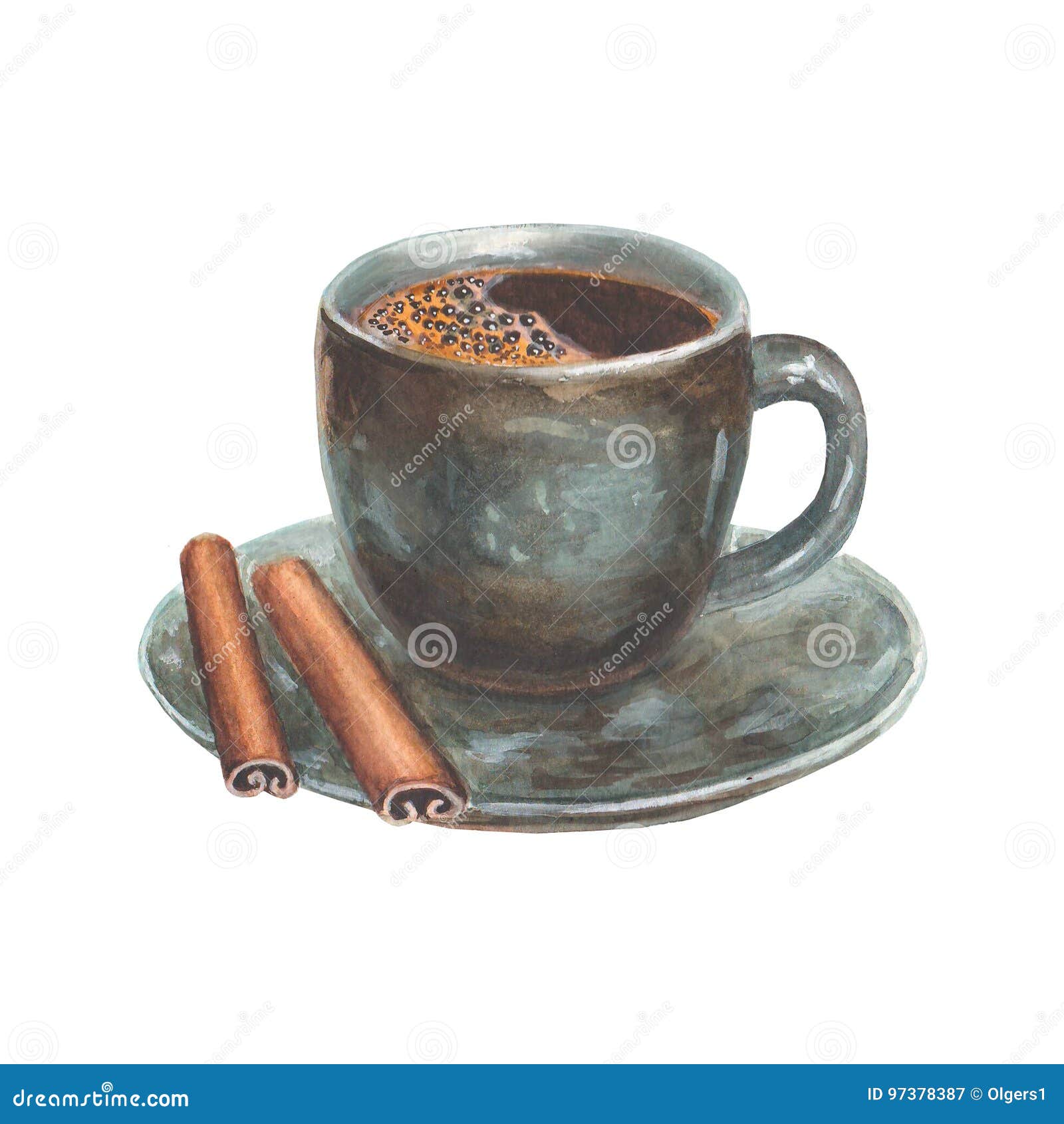 Waterverfillustratie met kop van koffie. De waterverfhand schilderde illustratie met porselein blauwe en bruine kop van koffie en kaneel op witte achtergrond