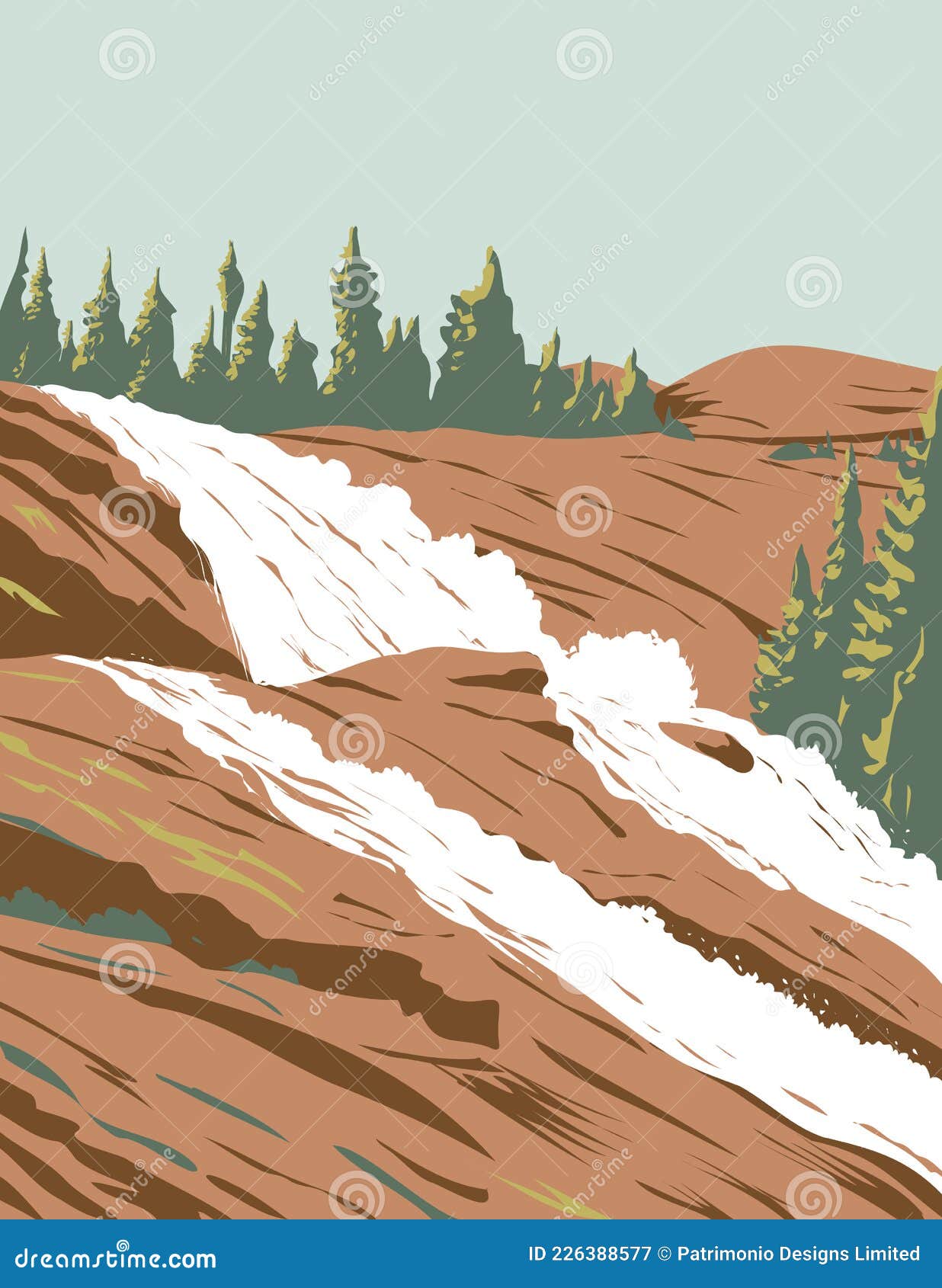 waterwheel falls on tuolumne river in sierra nevada within yosemite national park california usa wpa poster art