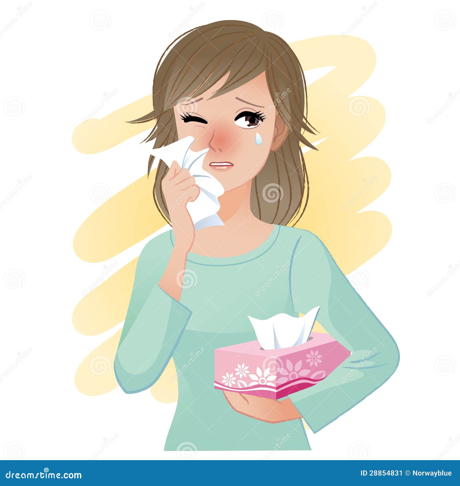 watery eyed woman holding facial tissue box