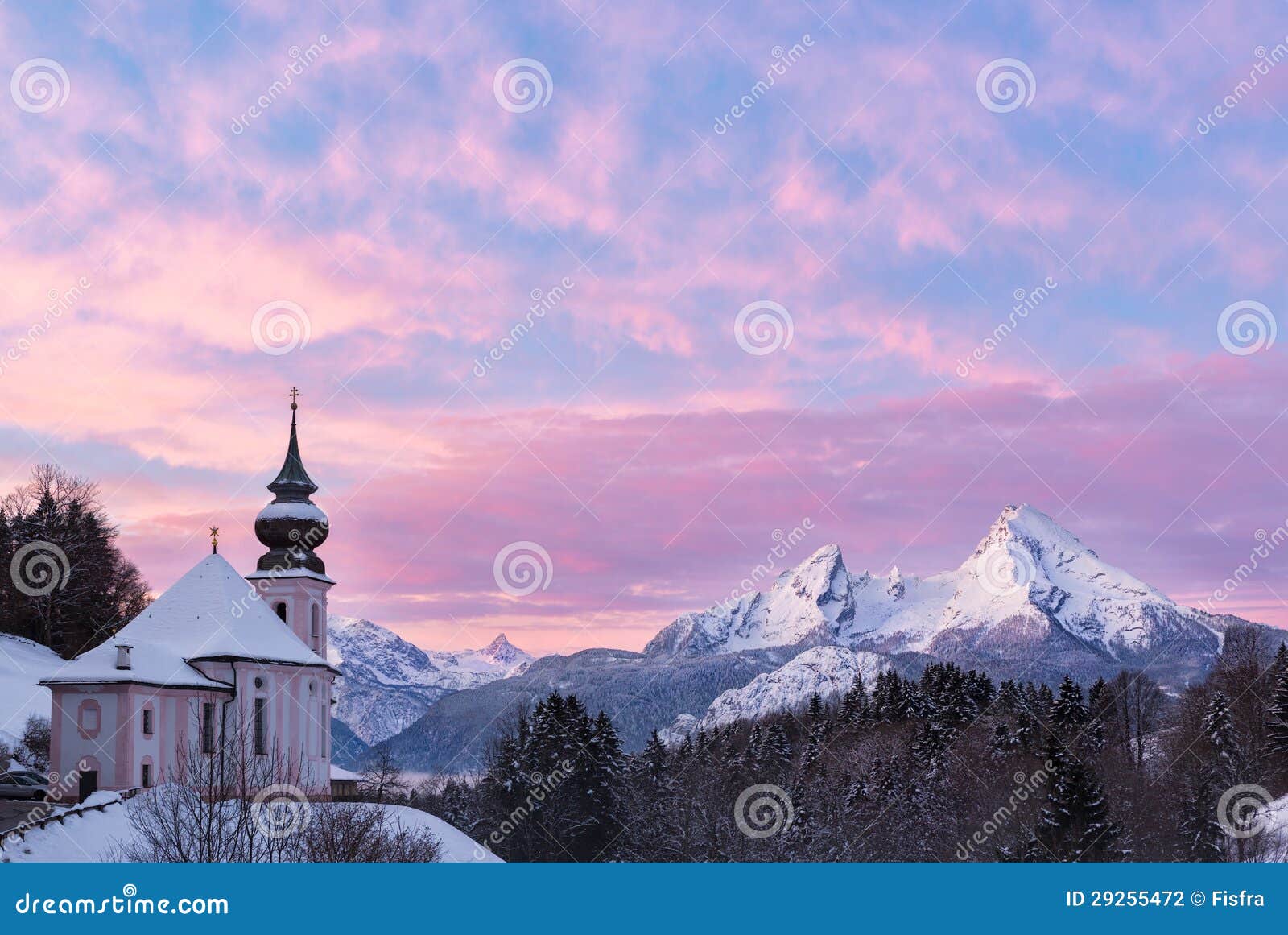 watzmann at sunset with church, bavaria, berchtesgaden, germany alps