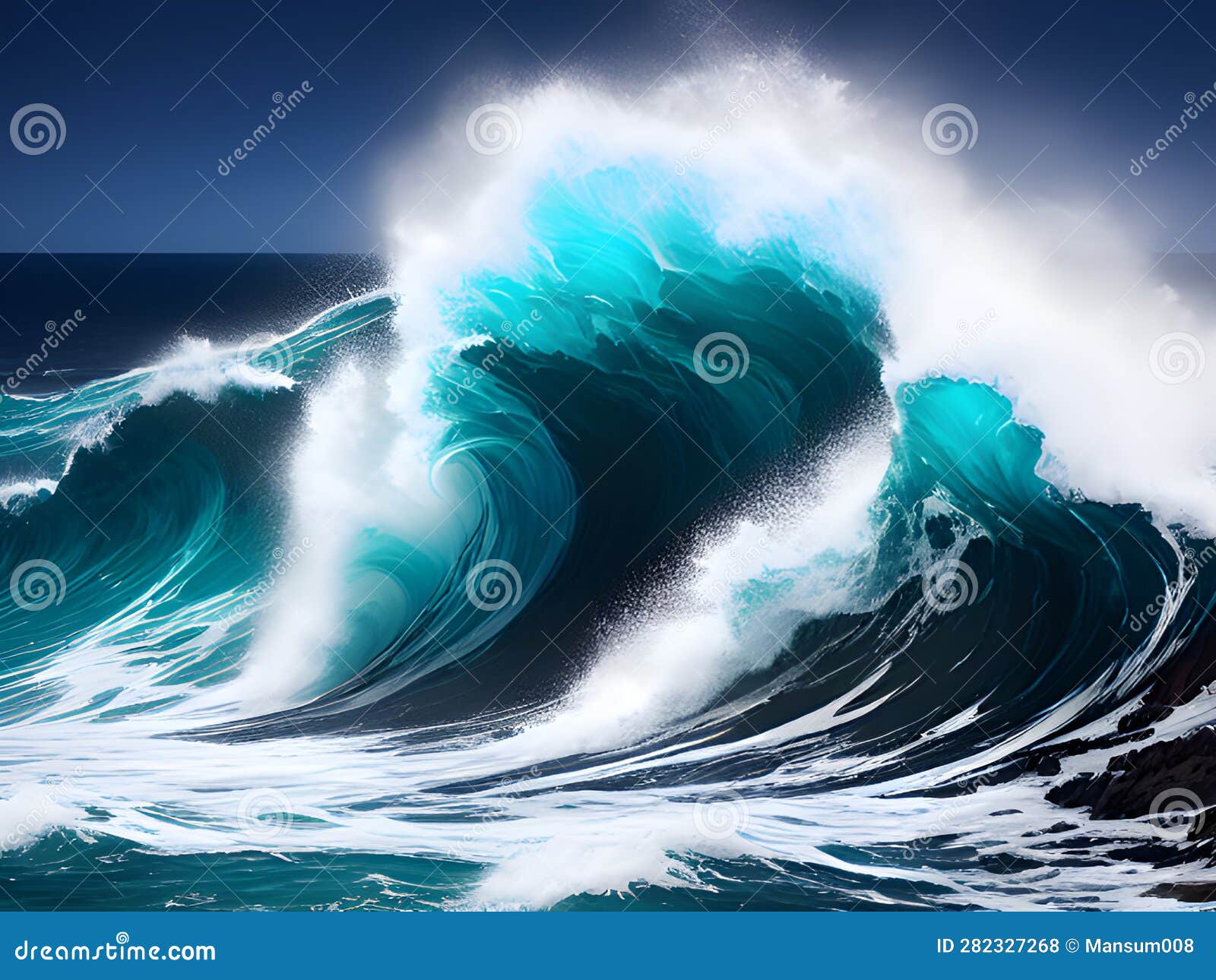 Wave of a Big Ocean on the Beach, Ai Generated Stock Illustration