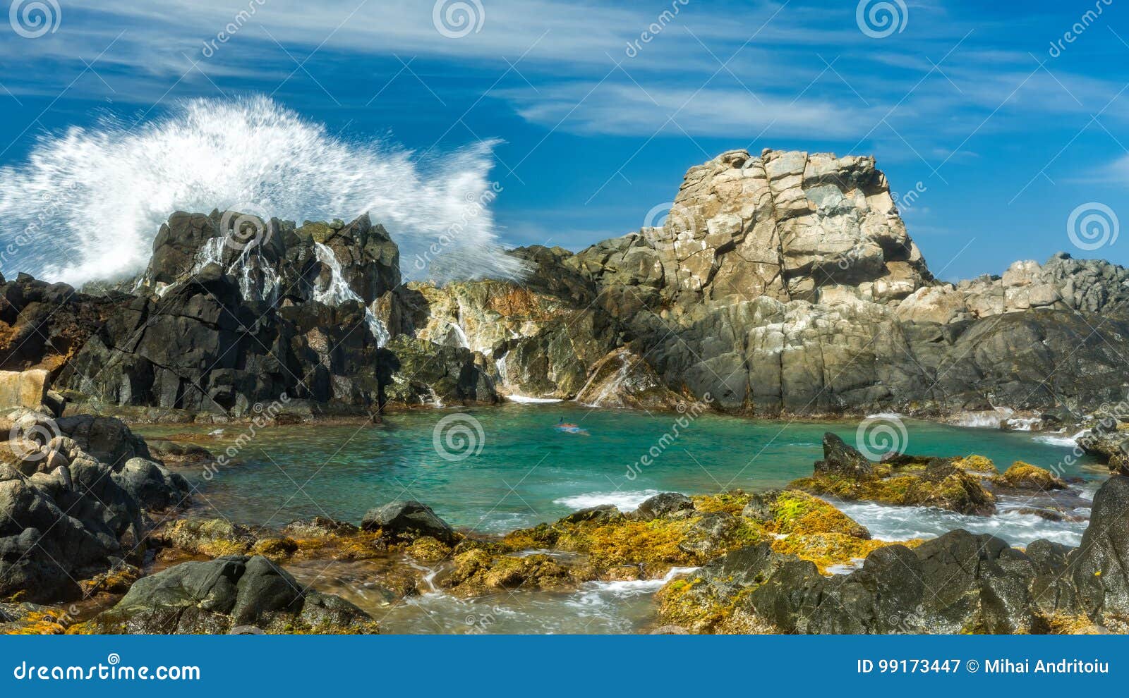 wave splashes against rocks in aruba