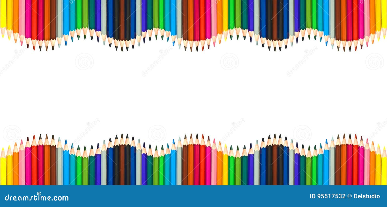 waves of colorful wooden pencils  on white, blank frame back to school, art and creativity concept