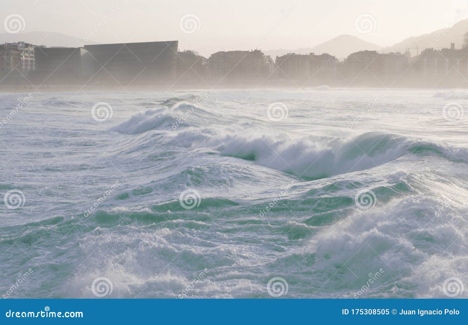 waves in front of zurriola beach, donostia city, euskadi