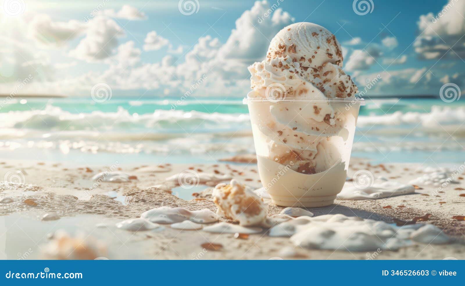waves lap against the shore as a delicious glass of ice cream sits perfectly by the sea
